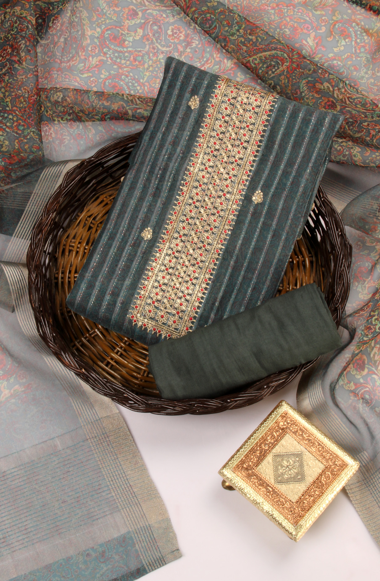 Bottle Green Beautiful Organza Salwar Kameez with Dupatta - 981-NK88A