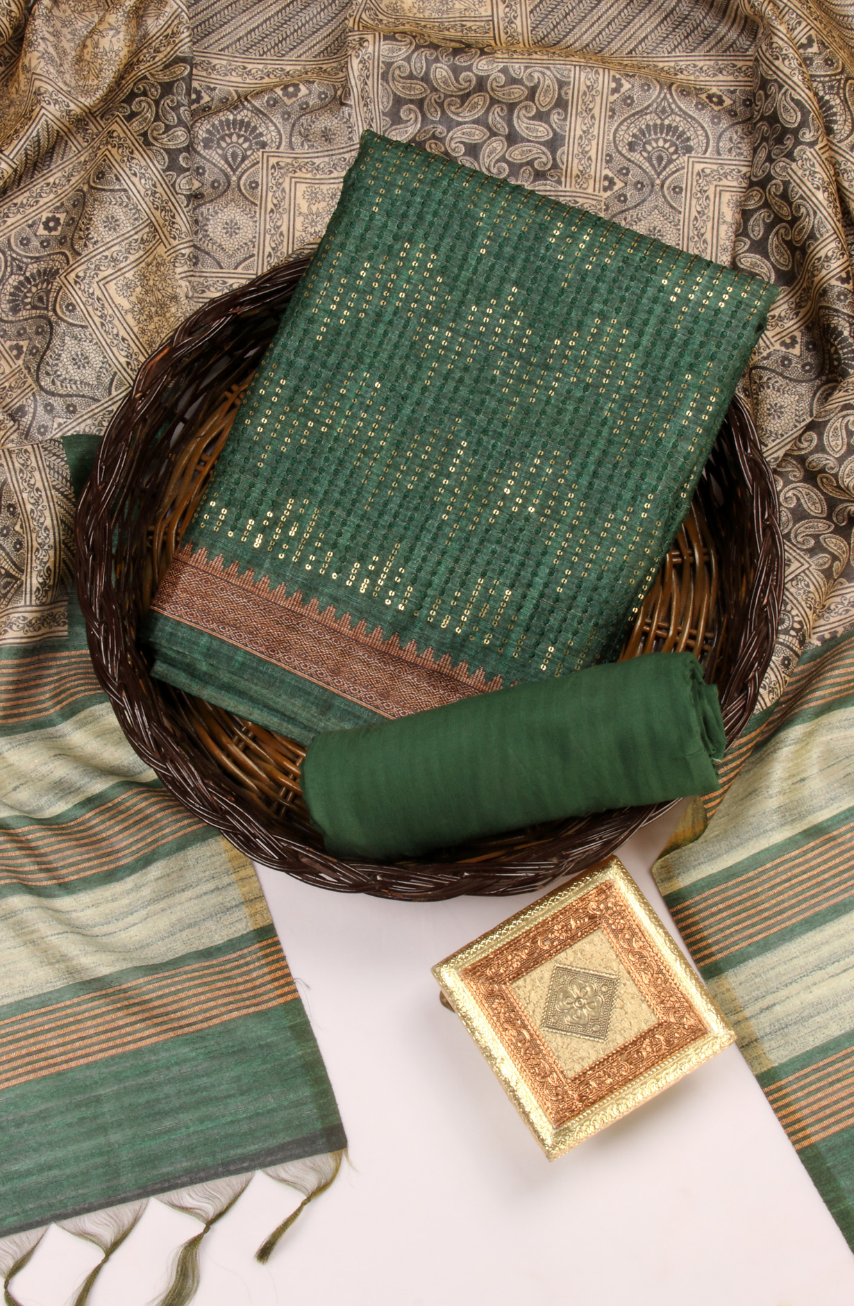 Bottle Green Silk Unstitched Salwar Kameez Festive Wear - 981-P11