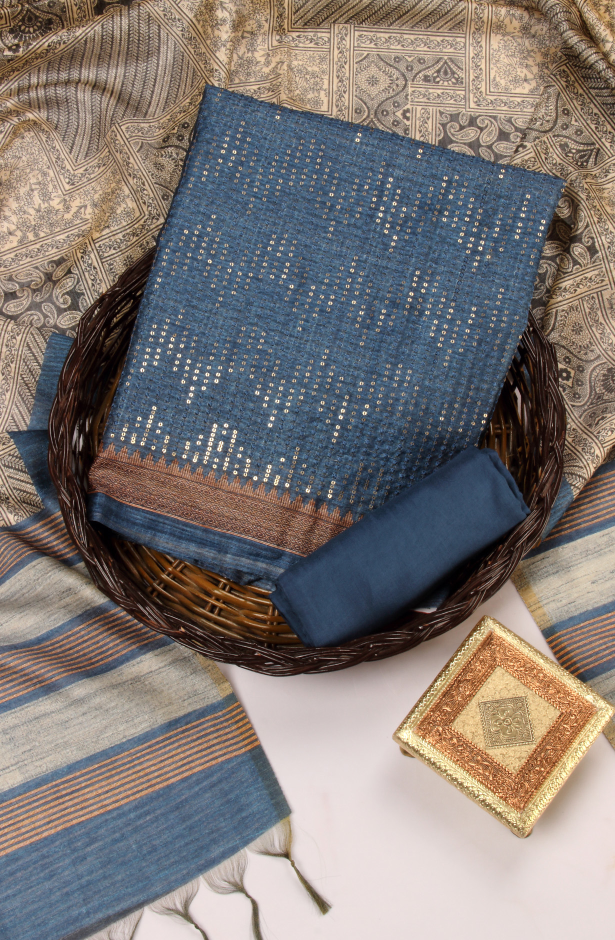 Blue Silk Unstitched Salwar Kameez Festive Wear - 981-P11C