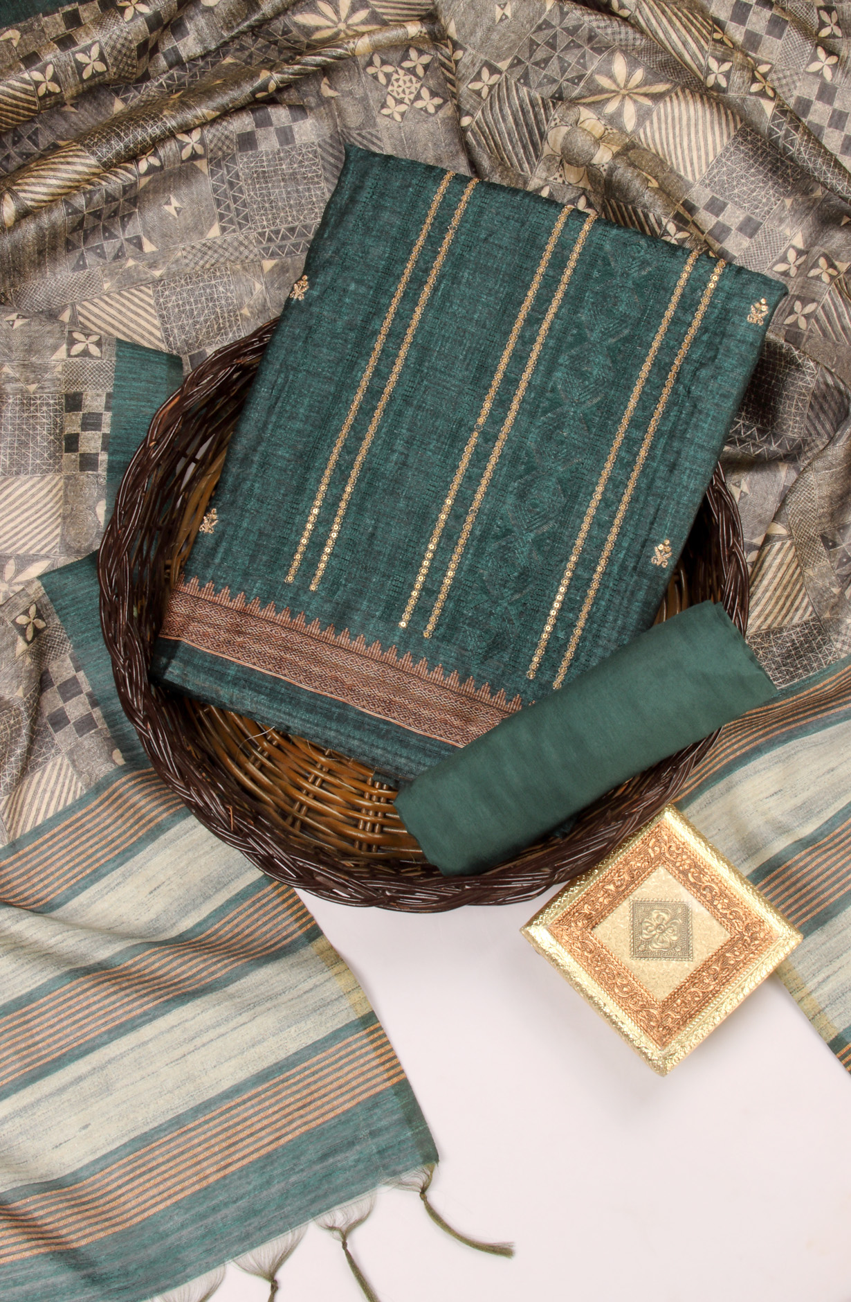 Bottle Green Silk Unstitched Salwar Suit Festive Wear - 981-P9