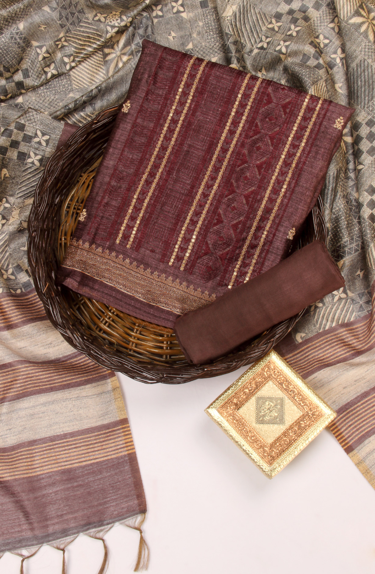 Coffee Silk Unstitched Salwar Suit Festive Wear - 981-P9A