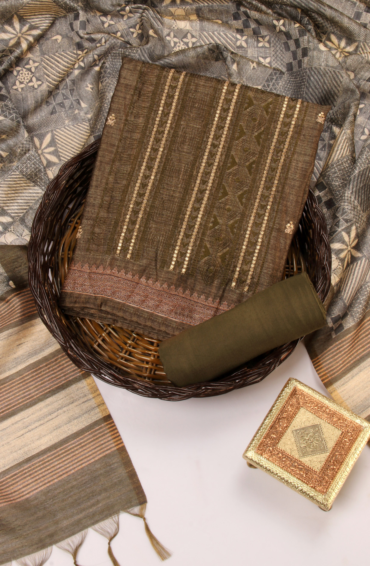 Olive Green Silk Unstitched Salwar Suit Festive Wear - 981-P9B