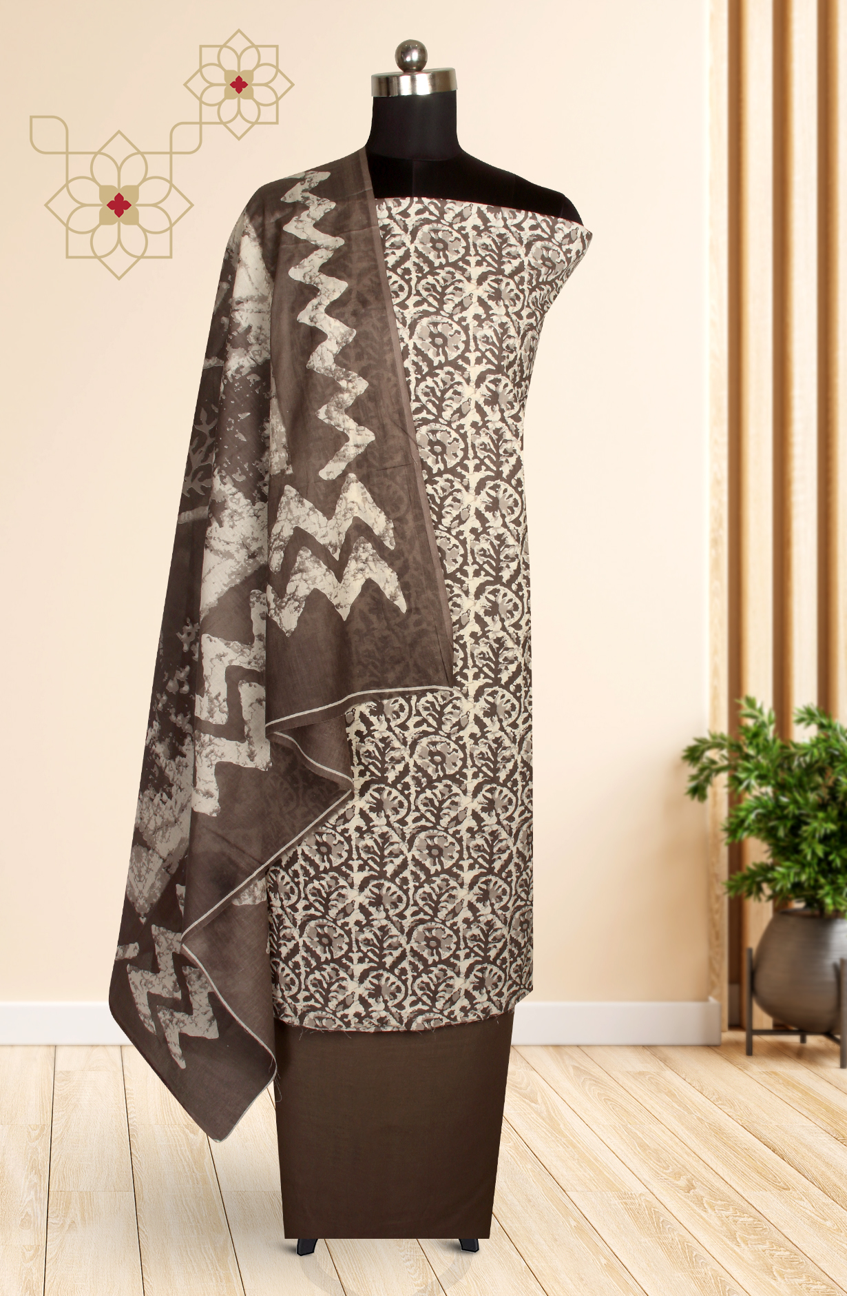 Beige Cotton Printed Unstitched Salwar Suit - 983-3458-10A