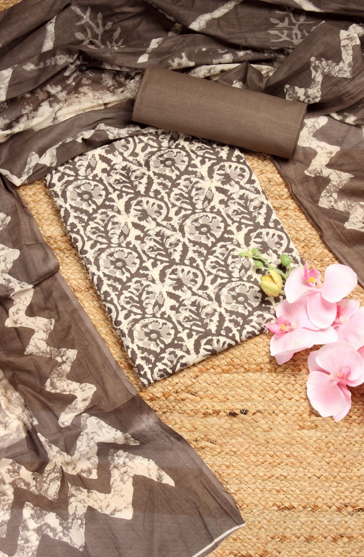 Beige Cotton Printed Unstitched Salwar Suit - 983-3458-10A