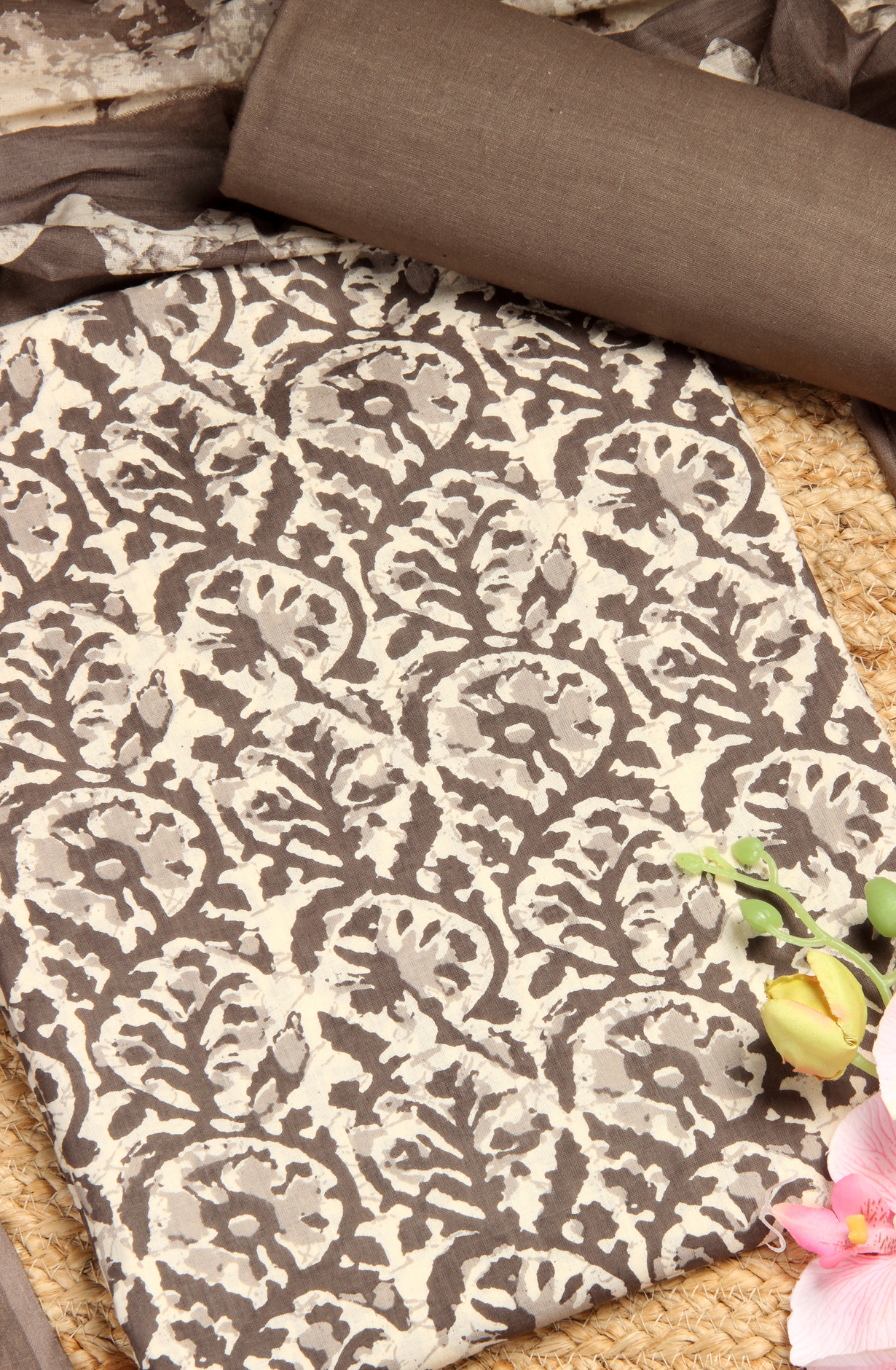 Beige Cotton Printed Unstitched Salwar Suit - 983-3458-10A