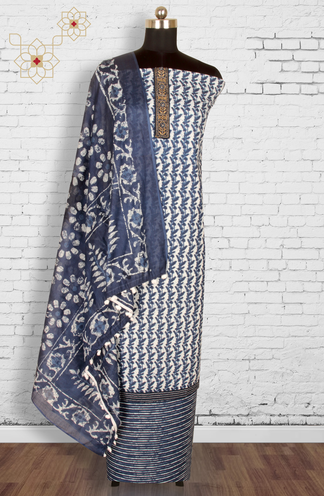 Blue and White Cotton Printed Unstitched Salwar Kameez - 983-3491-1A