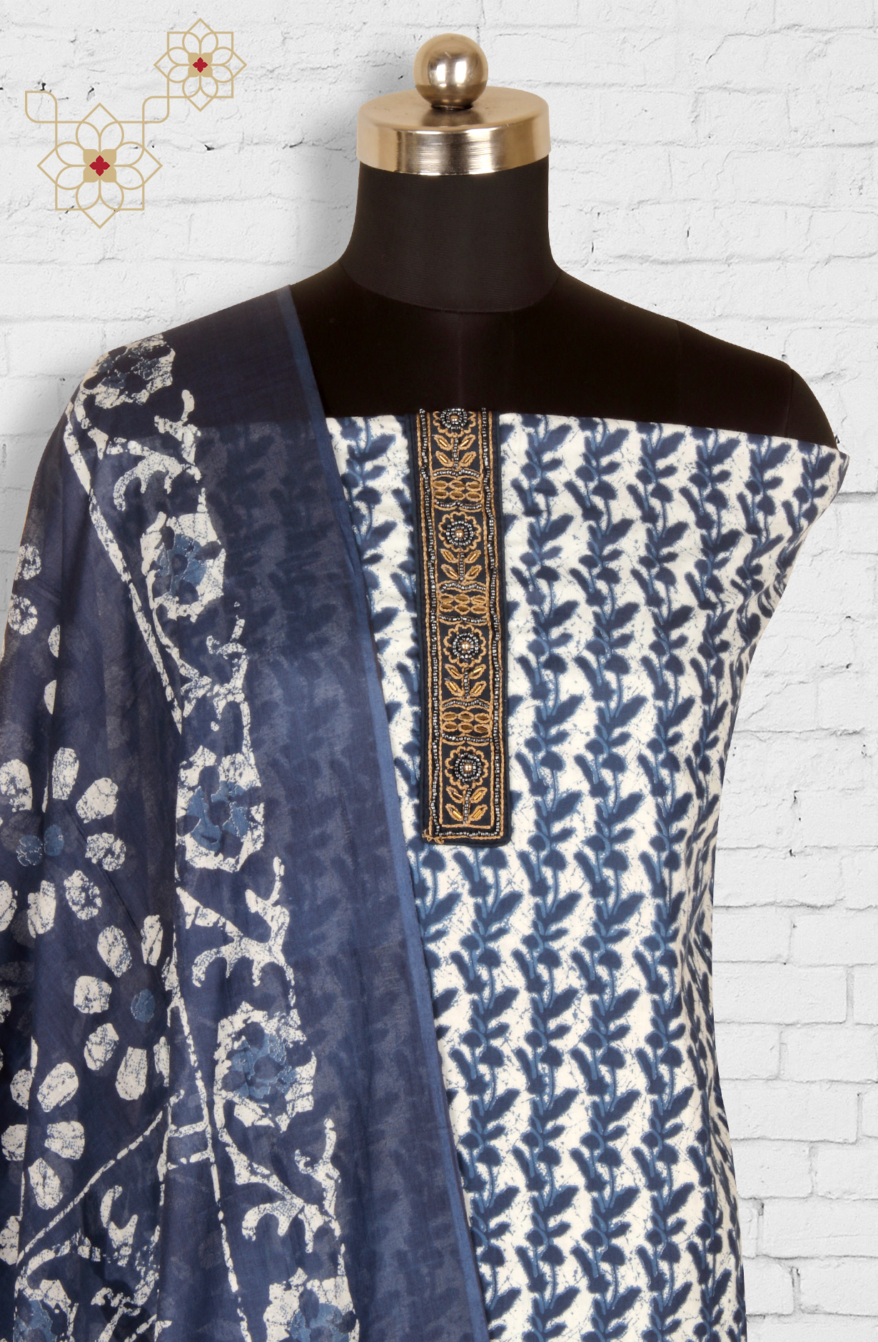 Blue and White Cotton Printed Unstitched Salwar Kameez - 983-3491-1A