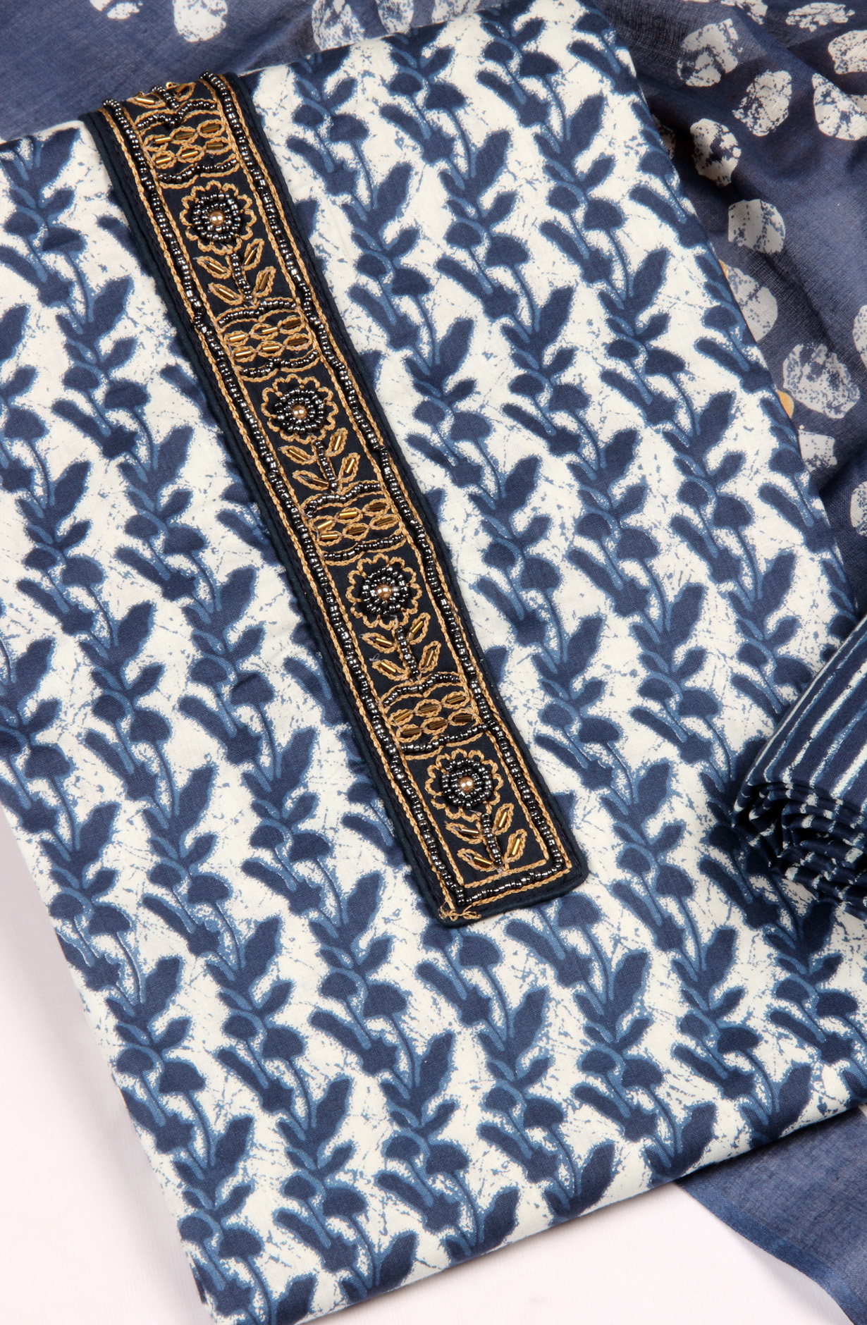 Blue and White Cotton Printed Unstitched Salwar Kameez - 983-3491-1A