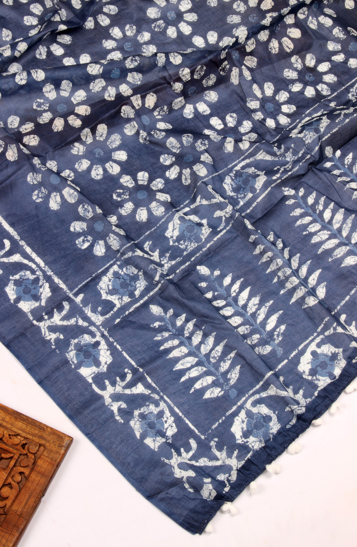 Blue and White Cotton Printed Unstitched Salwar Kameez - 983-3491-1A