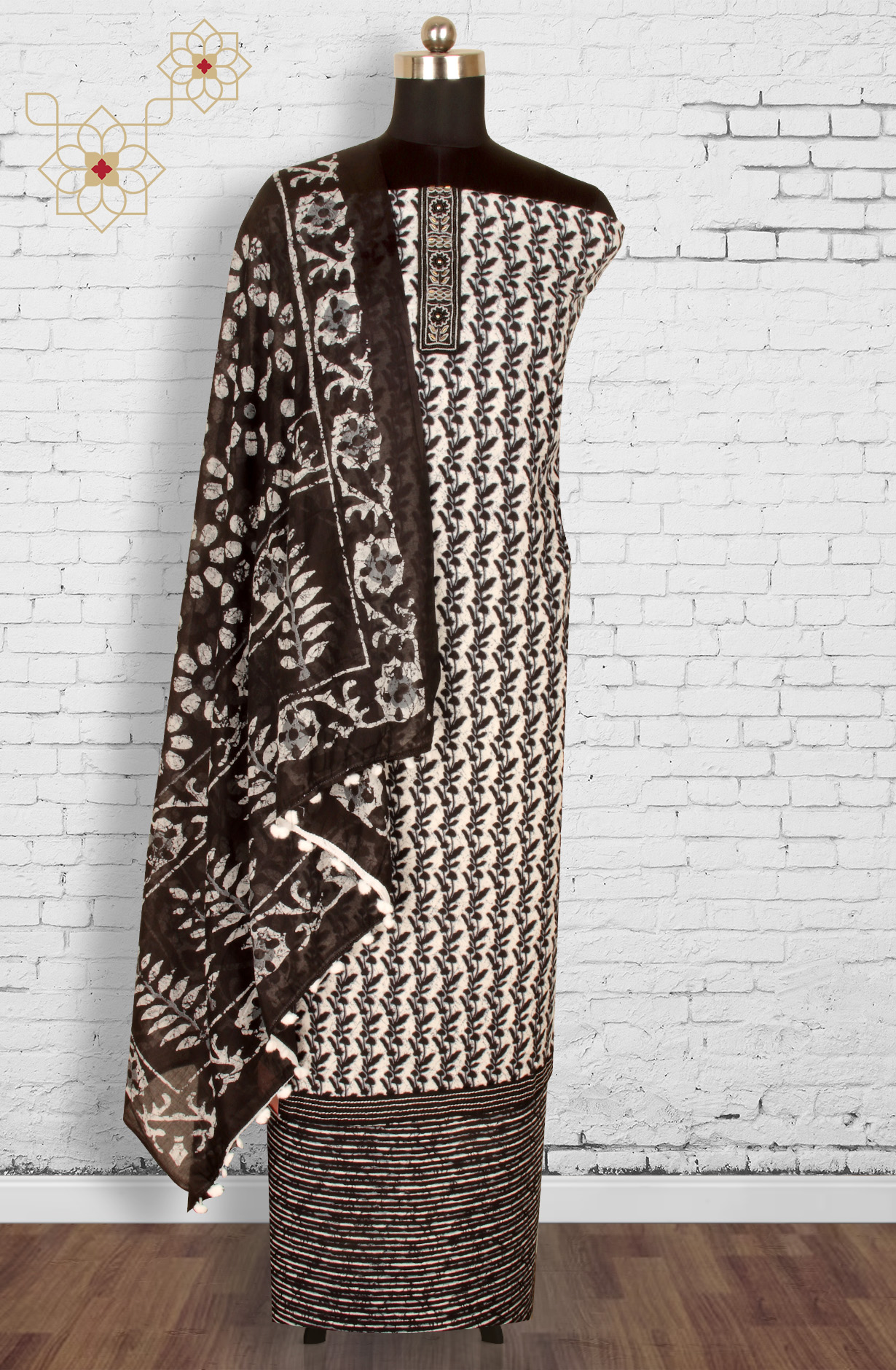 Black and White Cotton Printed Unstitched Salwar Kameez - 983-3491-1B