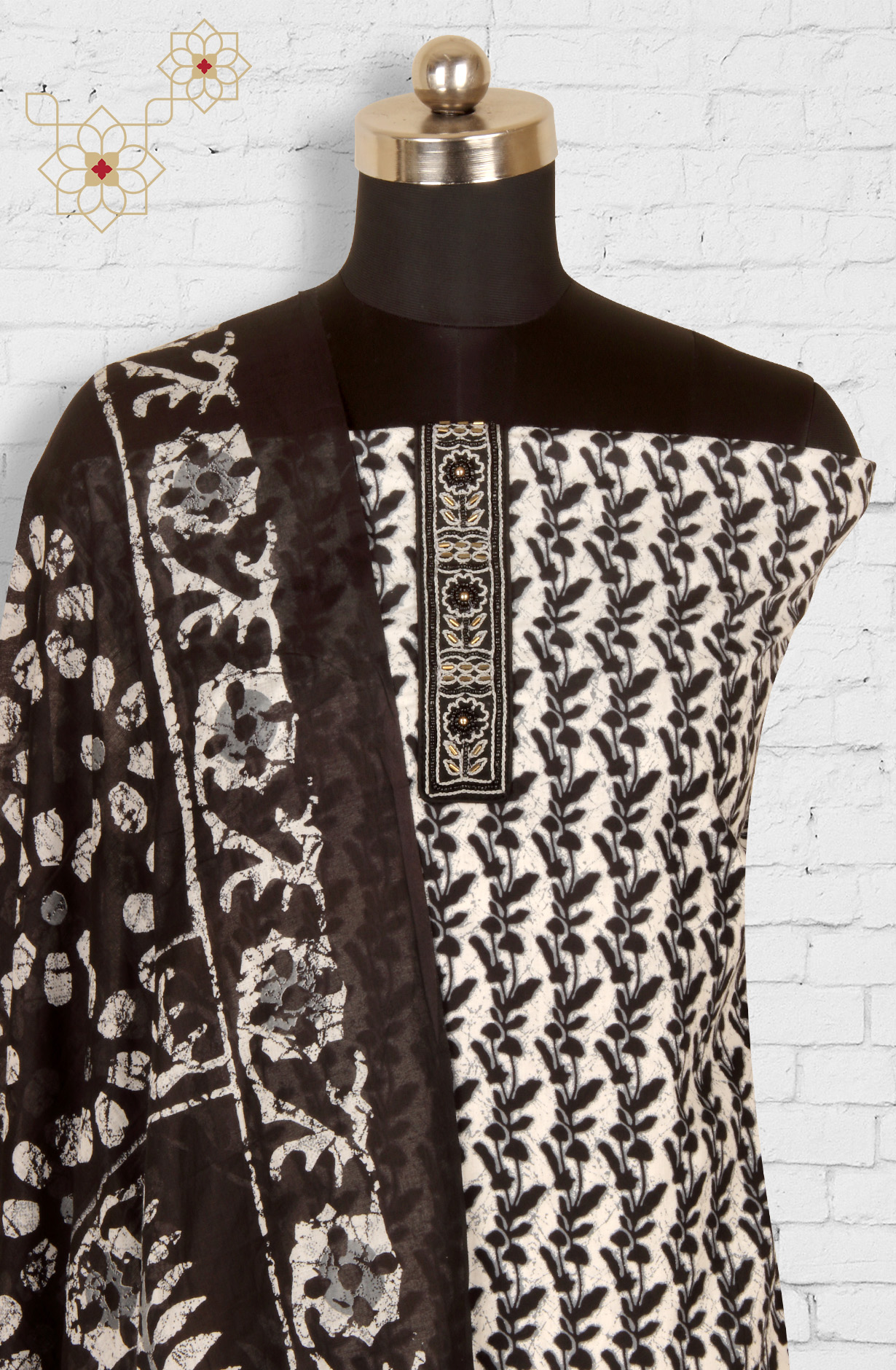 Black and White Cotton Printed Unstitched Salwar Kameez - 983-3491-1B