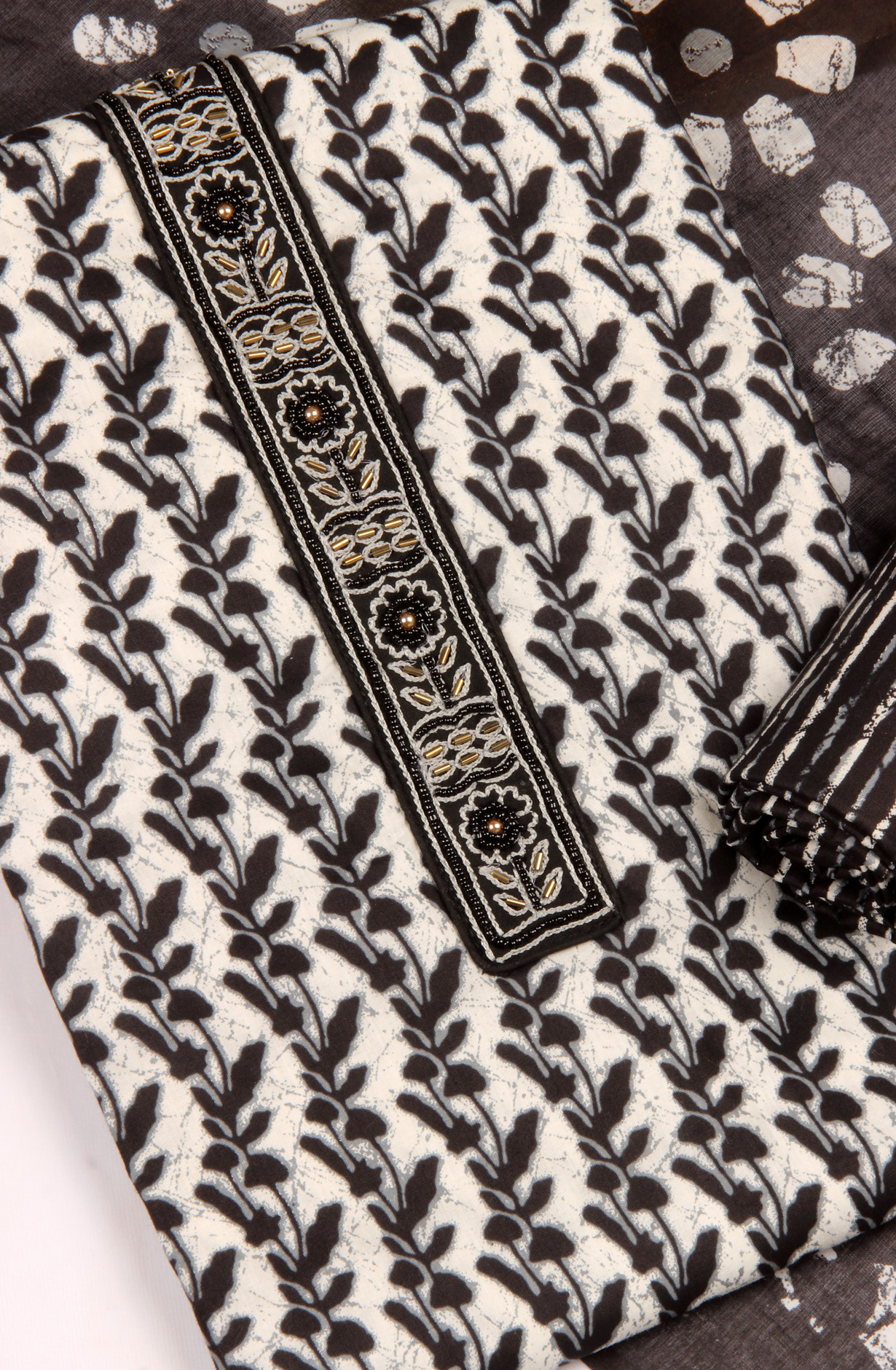 Black and White Cotton Printed Unstitched Salwar Kameez - 983-3491-1B