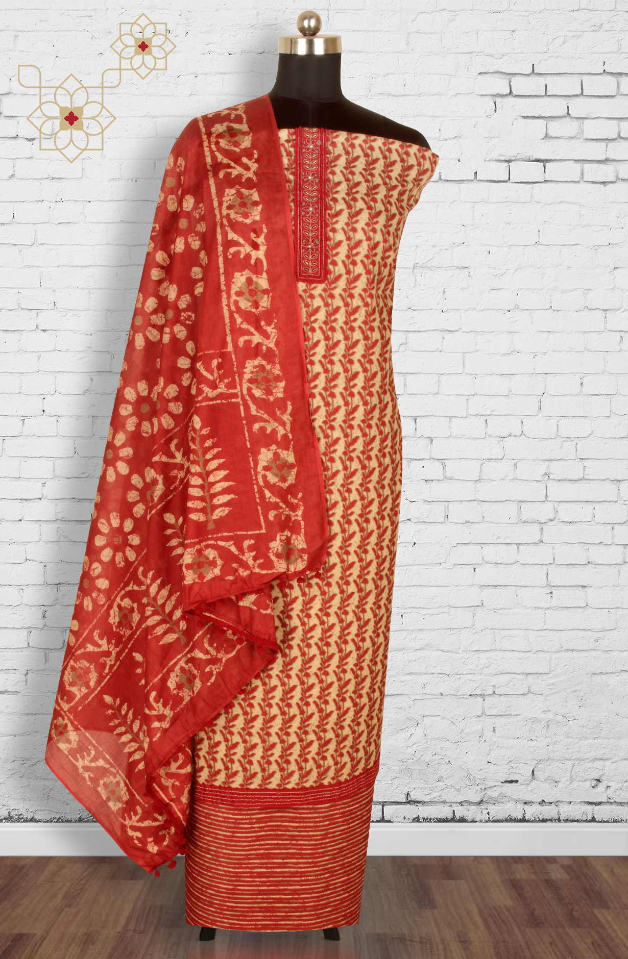 Beige and Maroon Cotton Printed Unstitched Salwar Kameez - 983-3491