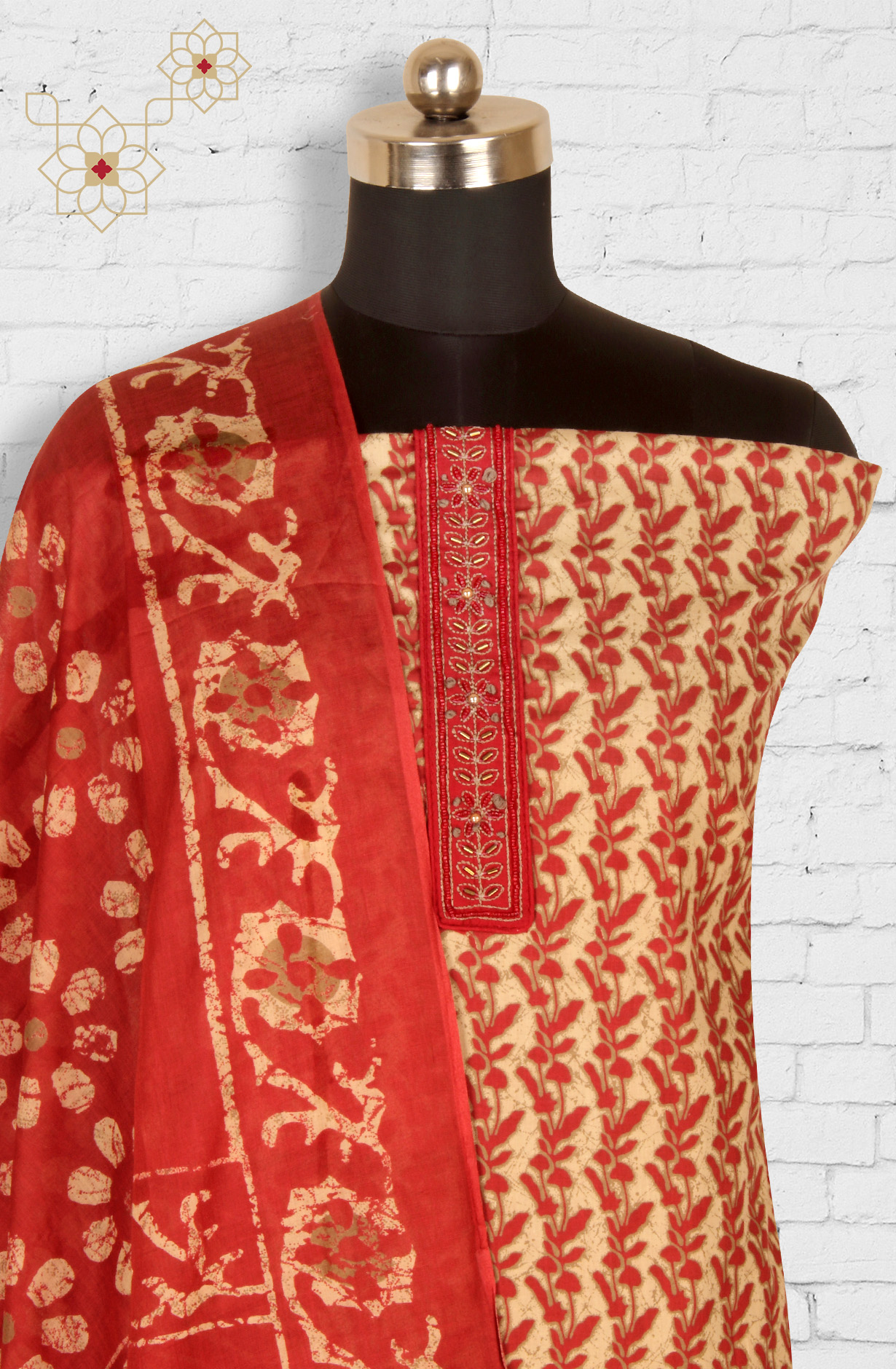 Beige and Maroon Cotton Printed Unstitched Salwar Kameez - 983-3491