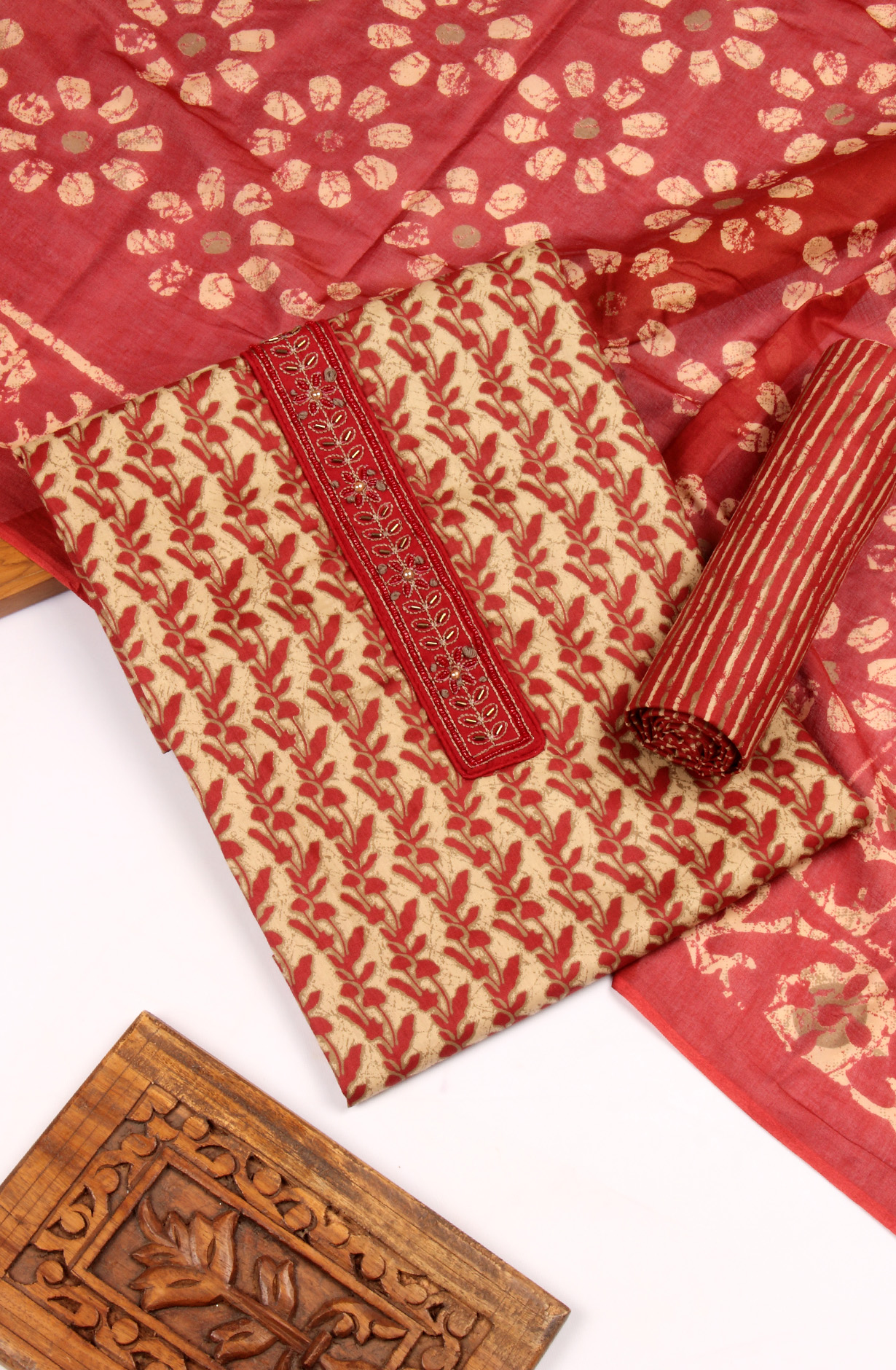 Beige and Maroon Cotton Printed Unstitched Salwar Kameez - 983-3491