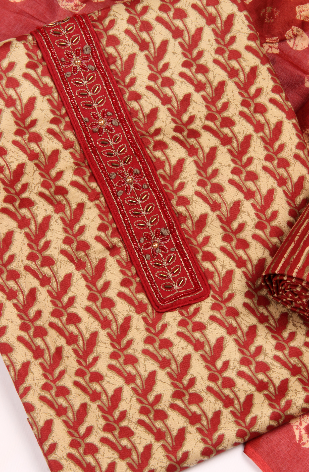 Beige and Maroon Cotton Printed Unstitched Salwar Kameez - 983-3491