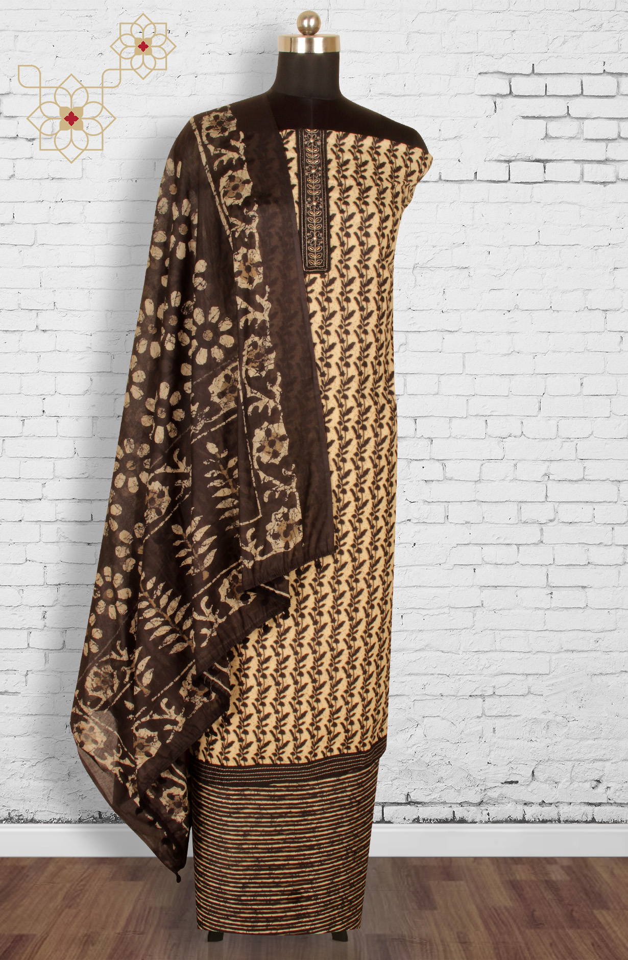 Beige and Black Cotton Printed Unstitched Salwar Kameez - 983-3491A