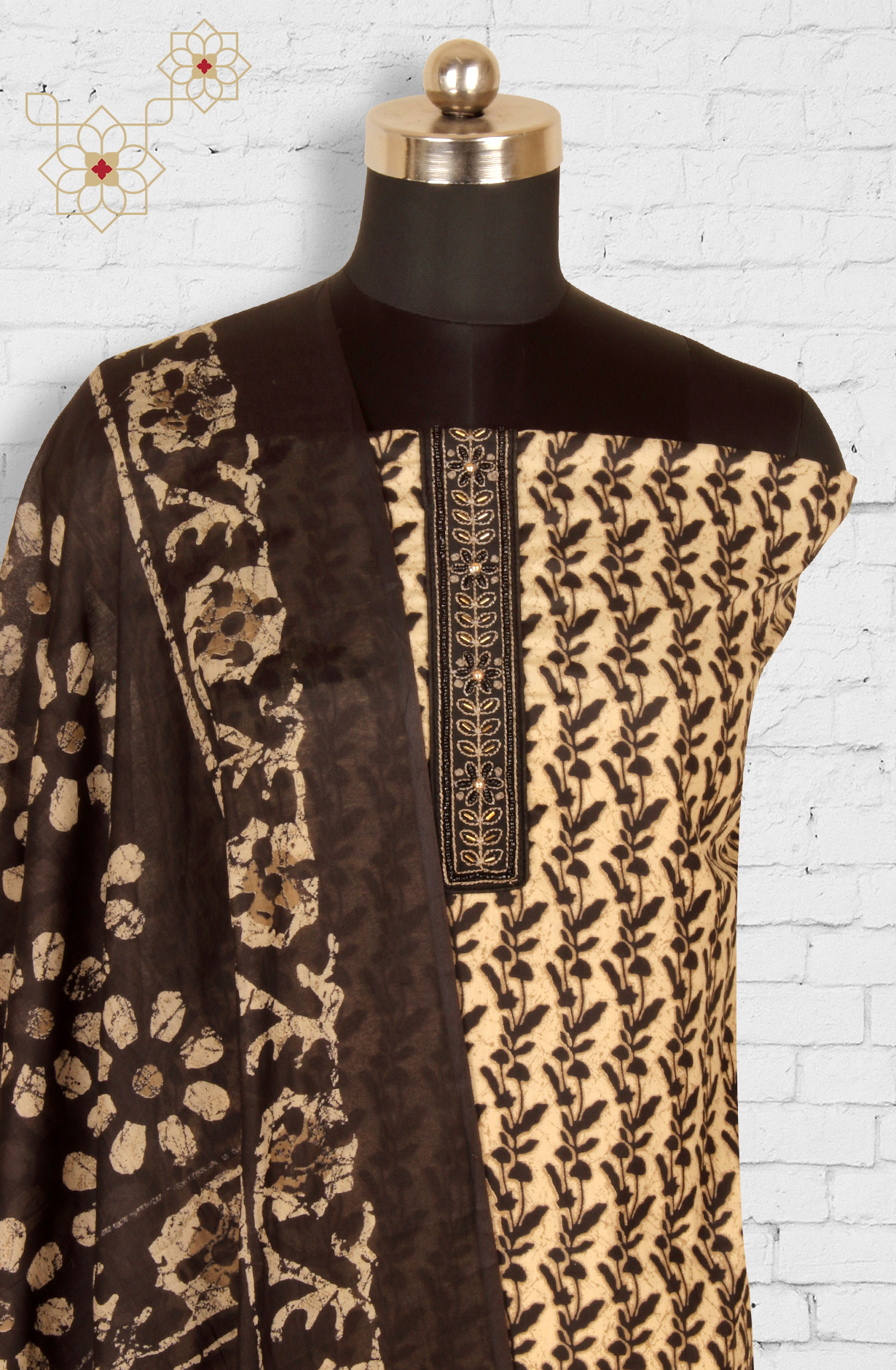 Beige and Black Cotton Printed Unstitched Salwar Kameez - 983-3491A