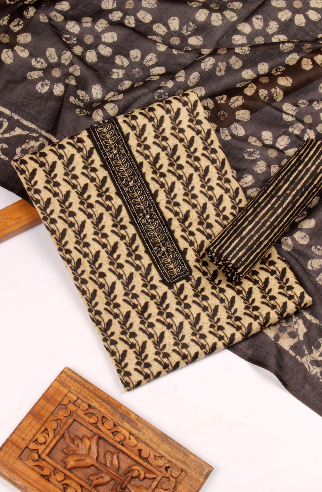 Beige and Black Cotton Printed Unstitched Salwar Kameez - 983-3491A