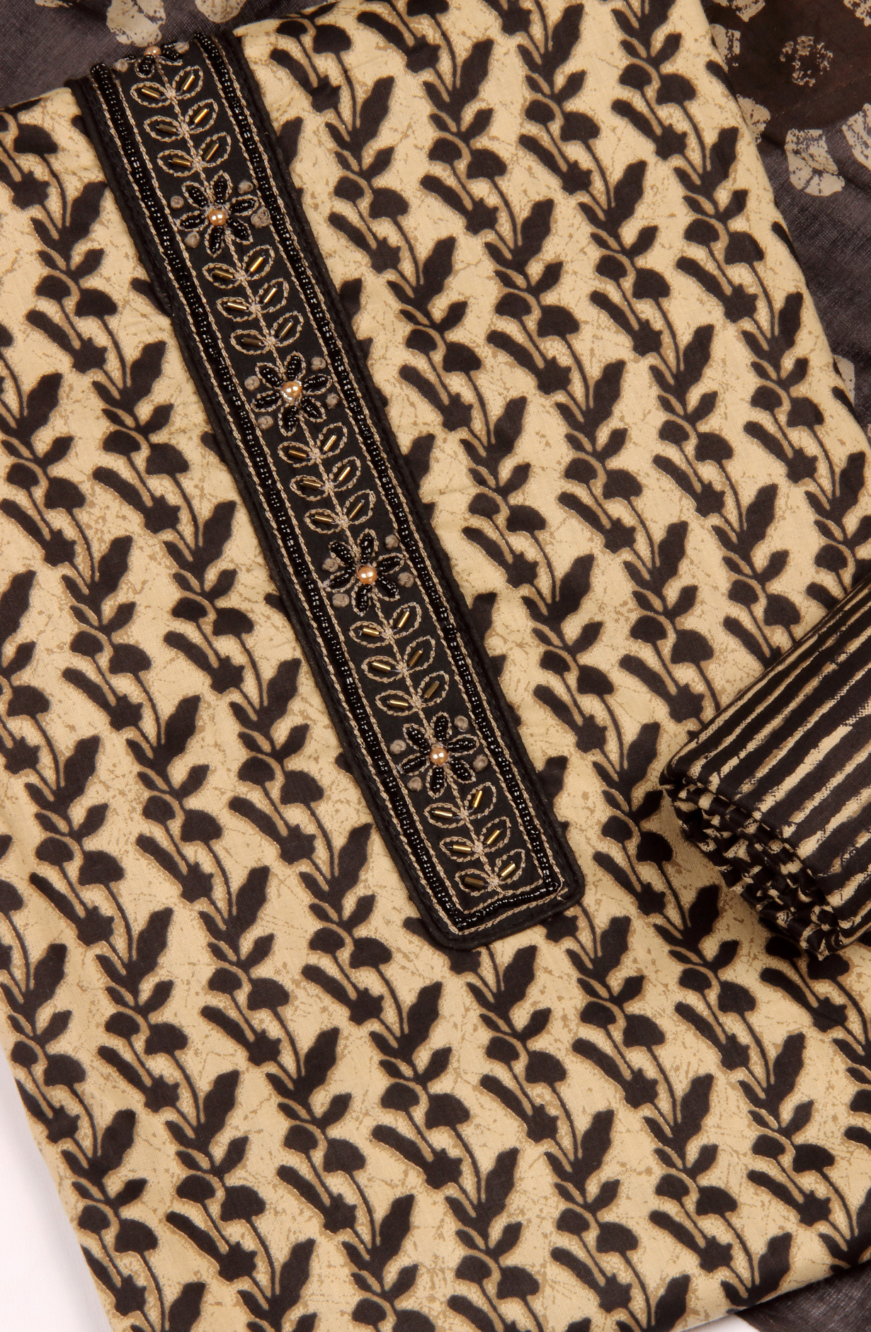 Beige and Black Cotton Printed Unstitched Salwar Kameez - 983-3491A