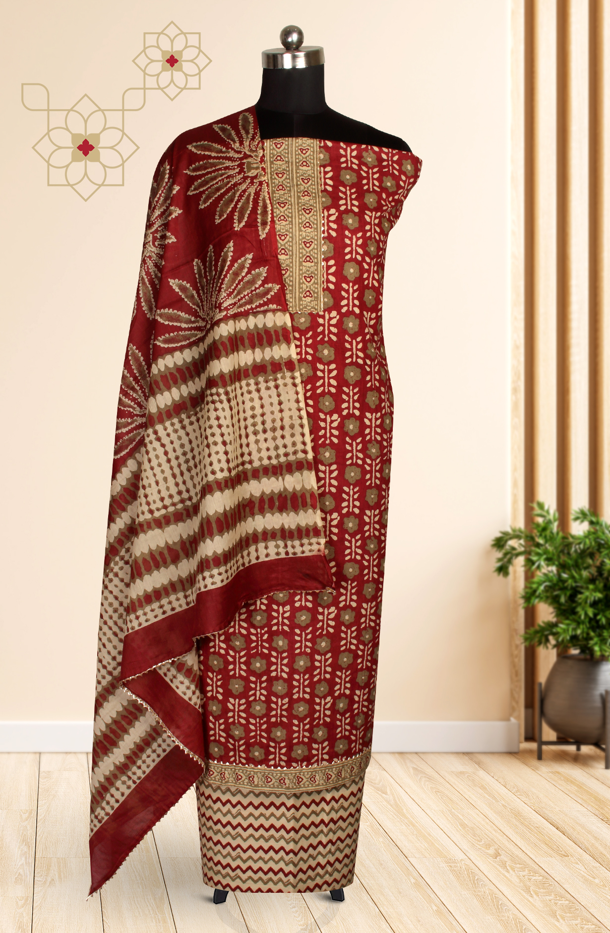 Maroon Cotton Printed Salwar Suit with Dupatta - 983-3508-14A