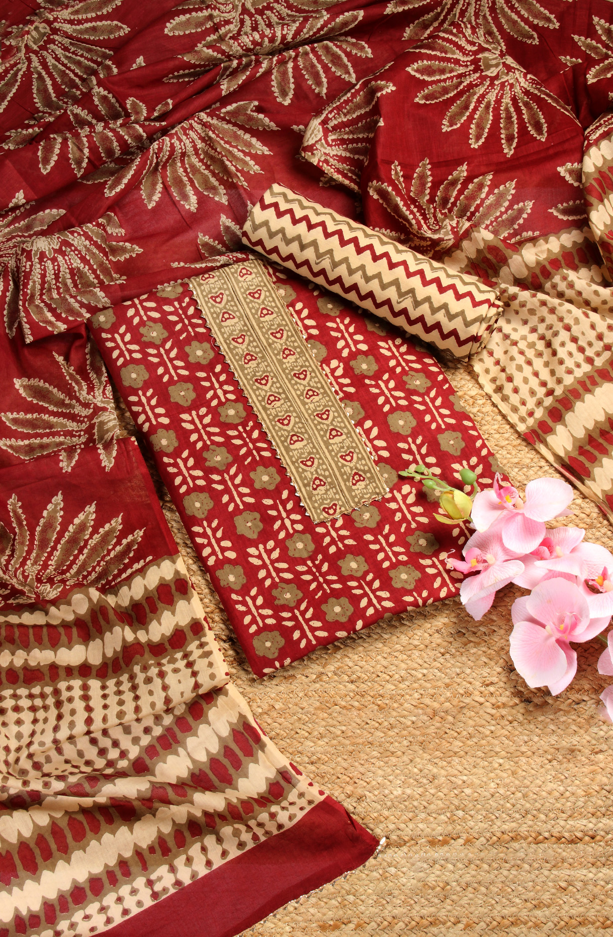 Maroon Cotton Printed Salwar Suit with Dupatta - 983-3508-14A