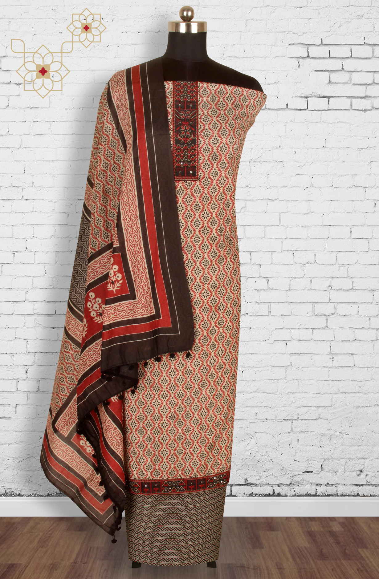 Multi-coloured Cotton Printed Salwar Suit with Dupatta - 983-3540