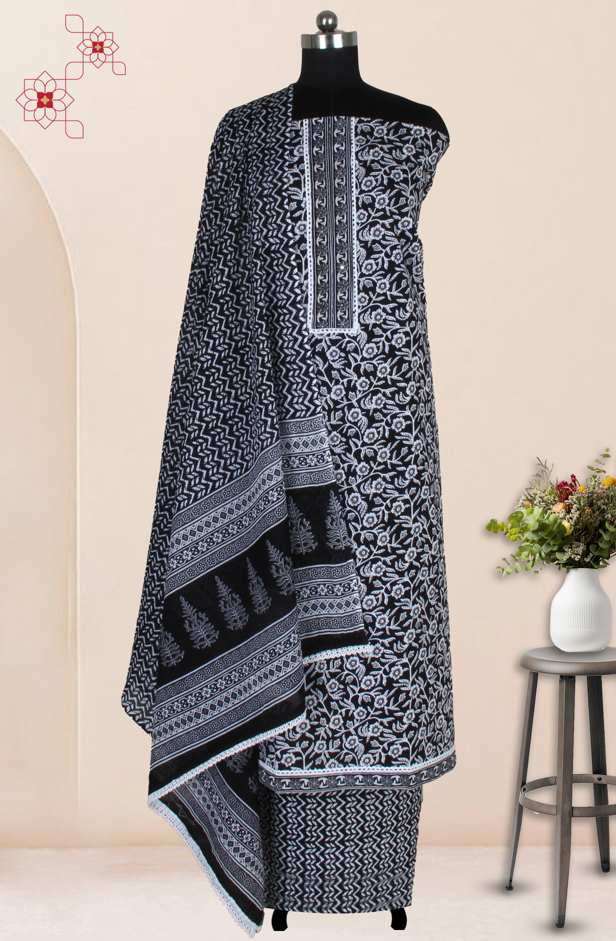 Black Cotton Printed Salwar Suit Fabric with Dupatta - 983-3599-102A