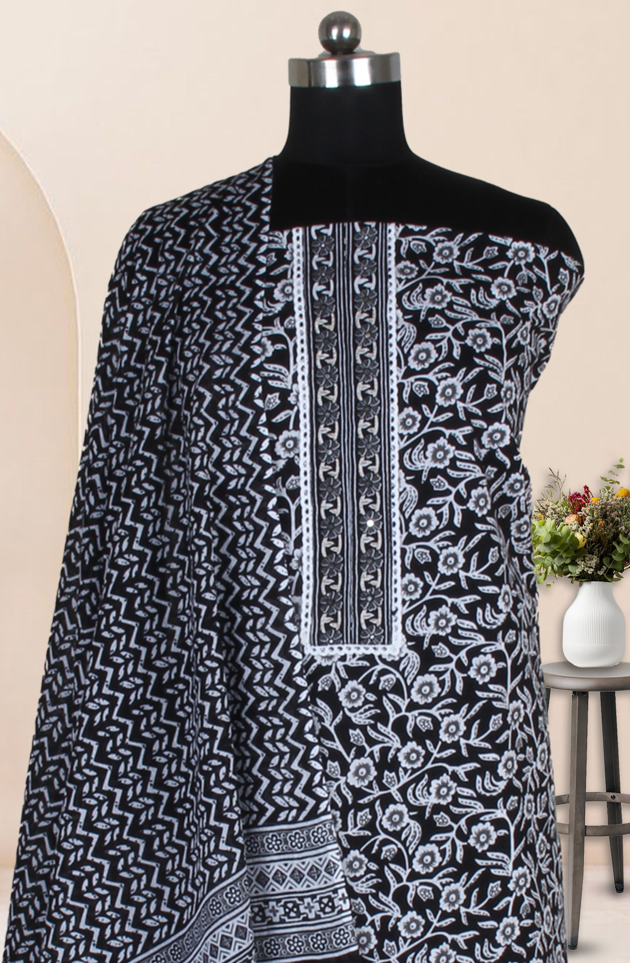 Black Cotton Printed Salwar Suit Fabric with Dupatta - 983-3599-102A