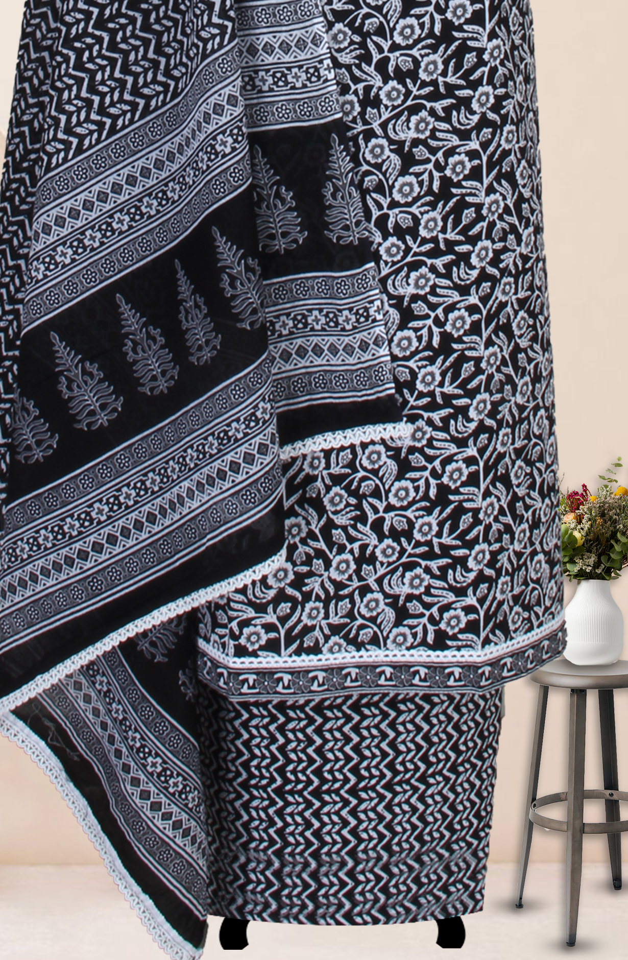 Black Cotton Printed Salwar Suit Fabric with Dupatta - 983-3599-102A