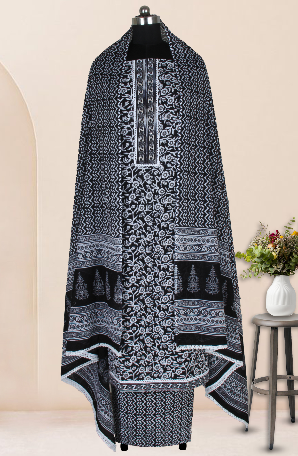 Black Cotton Printed Salwar Suit Fabric with Dupatta - 983-3599-102A