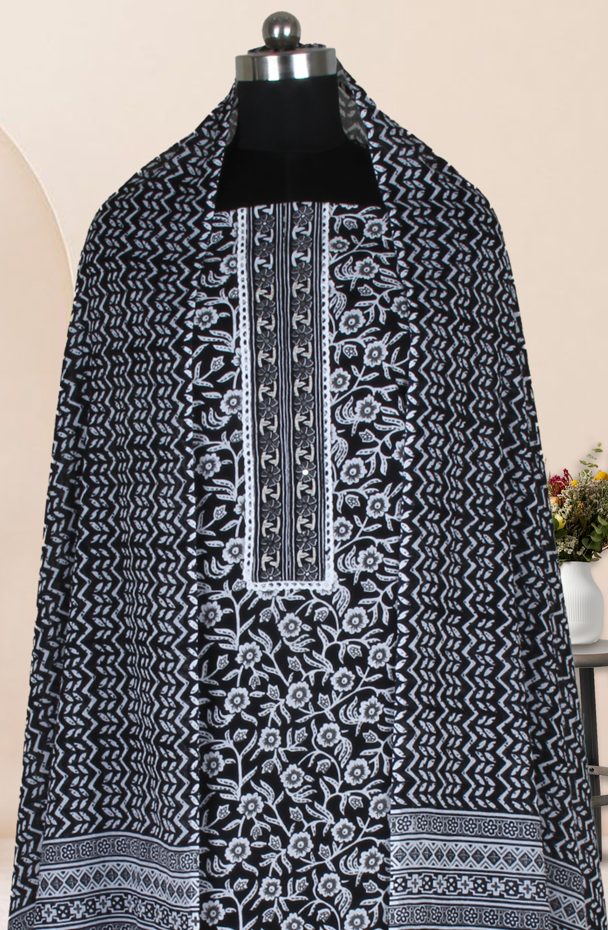 Black Cotton Printed Salwar Suit Fabric with Dupatta - 983-3599-102A