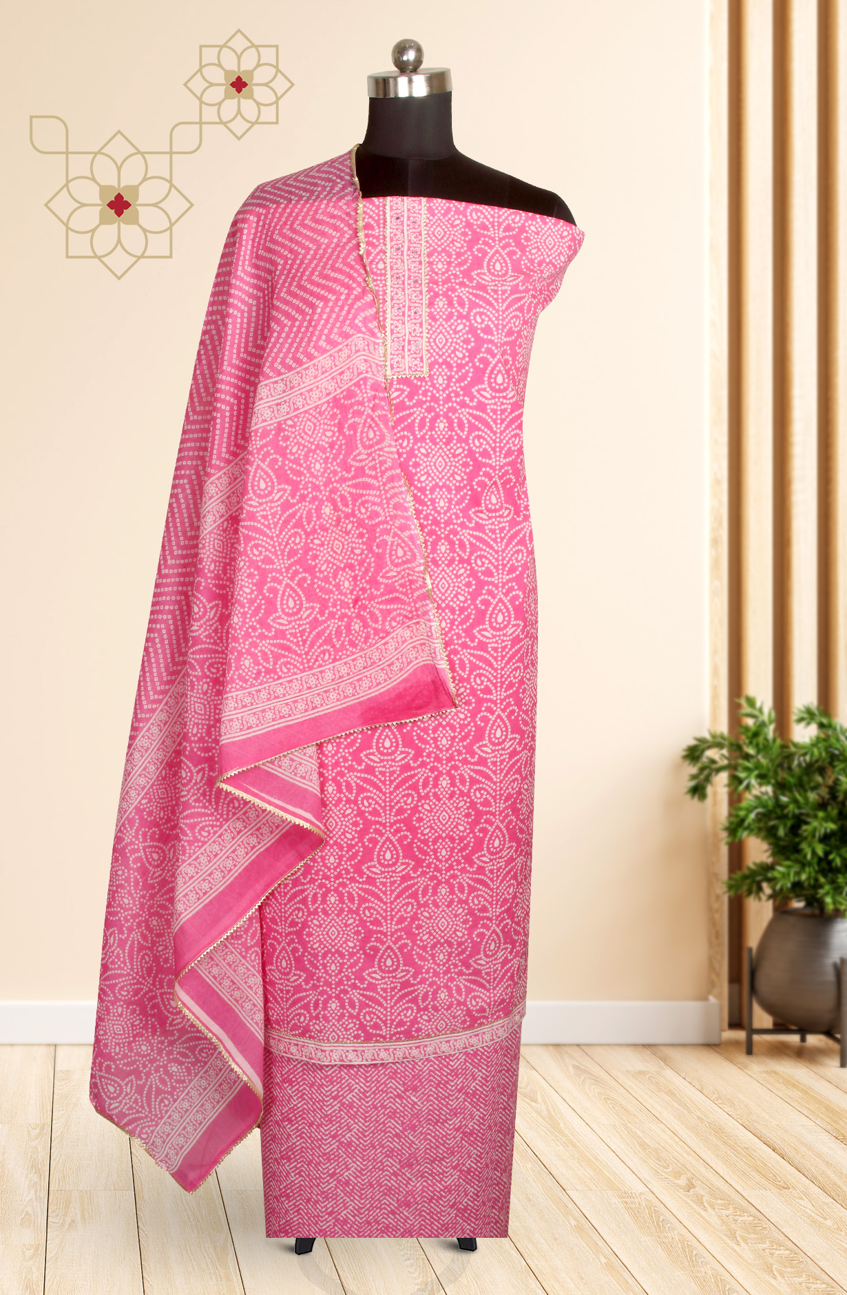 Pink Cotton Bandhej Print Salwar Suit with Dupatta - 983-3599-23B