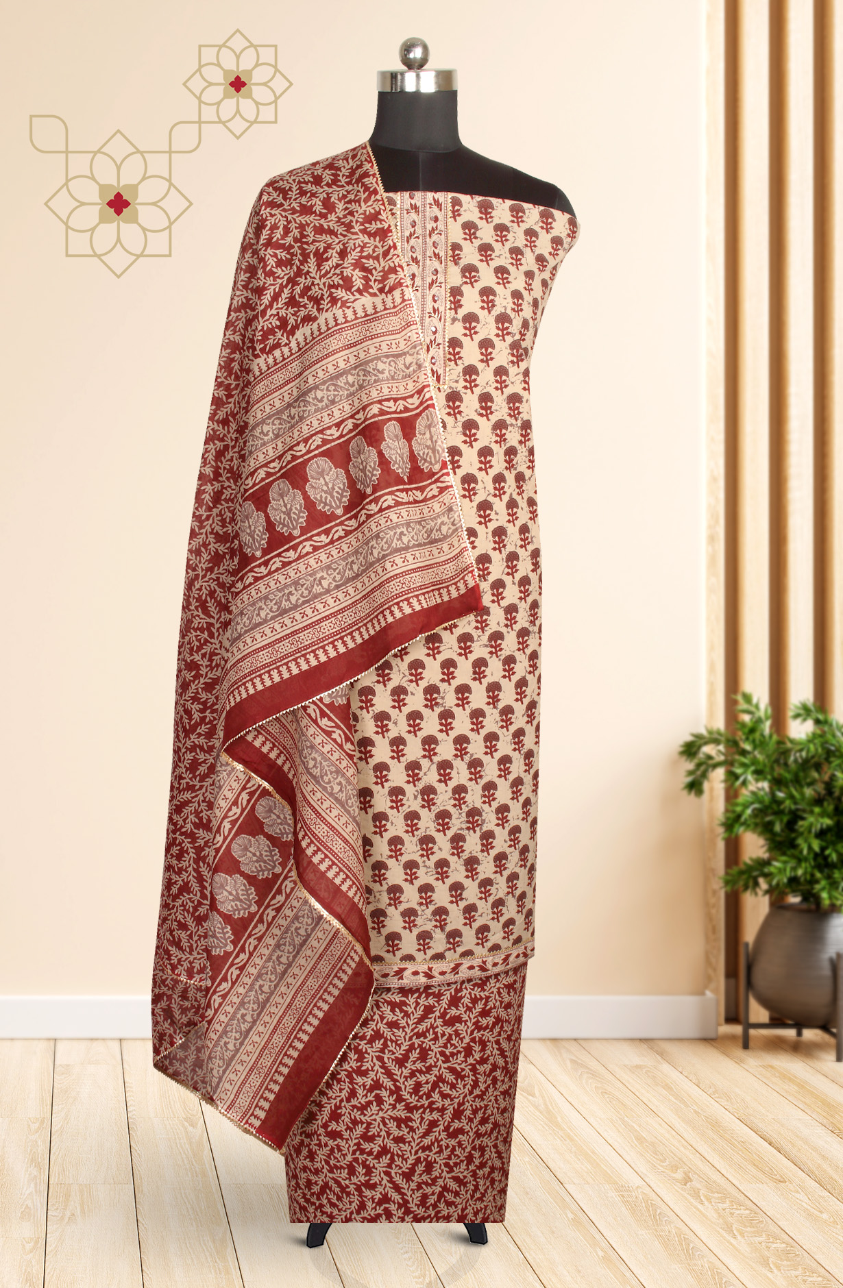 Beige and Maroon Cotton Print Salwar Suit - 983-3599-84B
