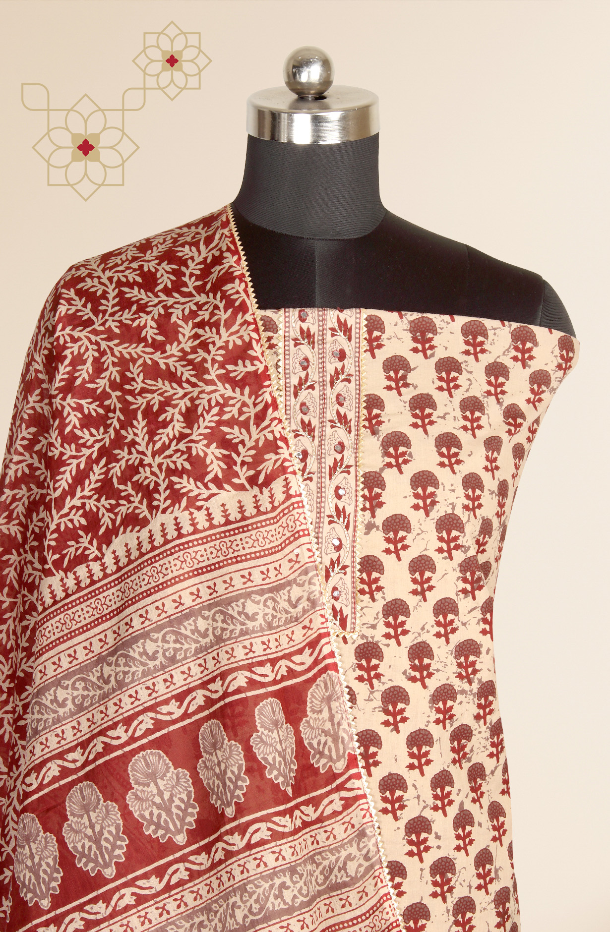 Beige and Maroon Cotton Print Salwar Suit - 983-3599-84B