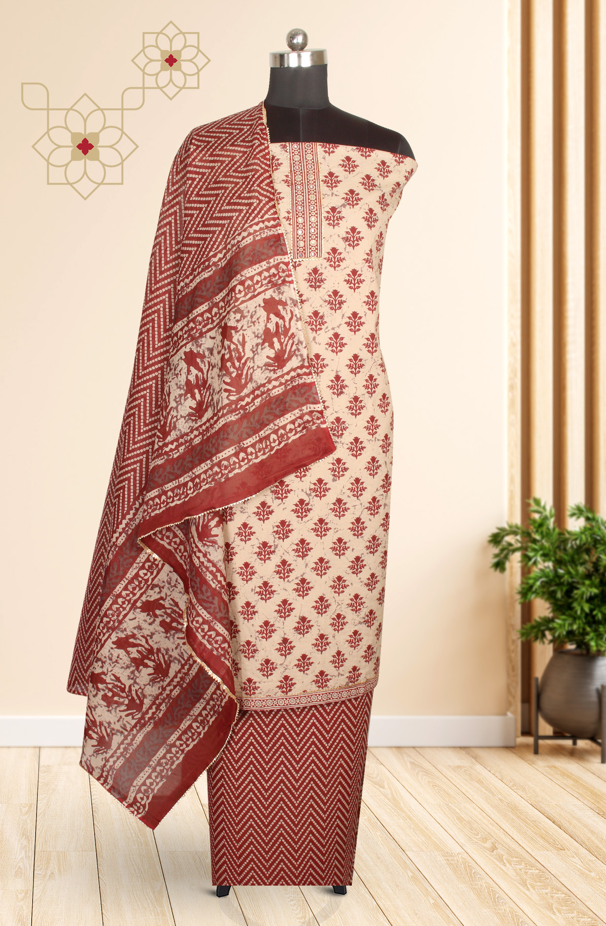 Beige and Maroon Cotton Printed Salwar Suit-sets - 983-3599-85B