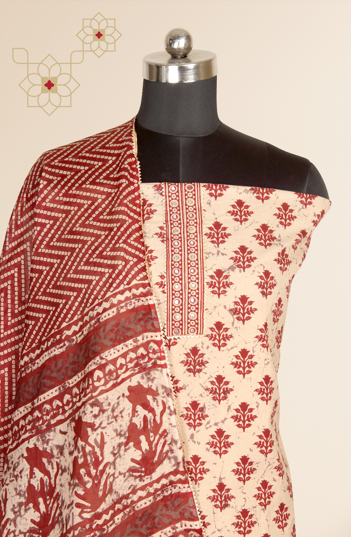Beige and Maroon Cotton Printed Salwar Suit-sets - 983-3599-85B