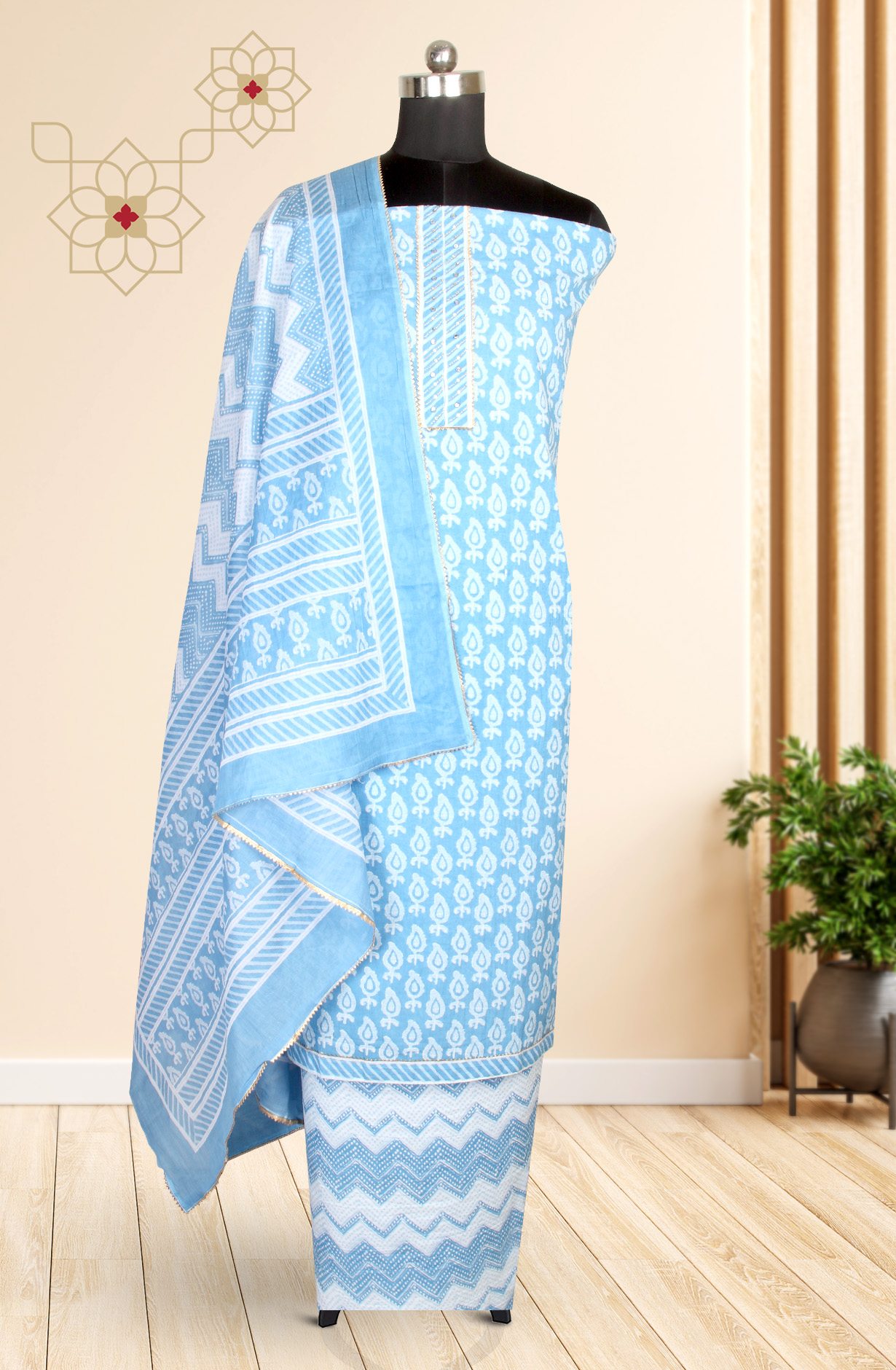 Pastel Blue Cotton Printed Salwar Suit-sets - 983-3599-86A