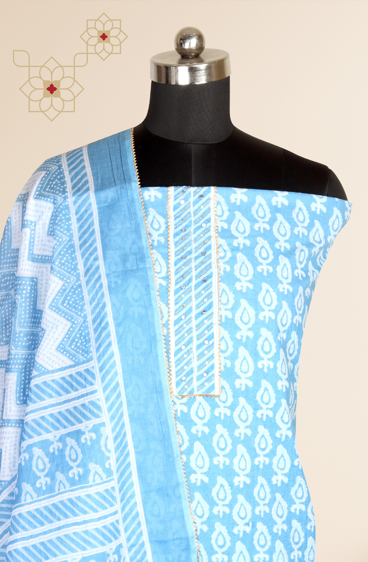 Pastel Blue Cotton Printed Salwar Suit-sets - 983-3599-86A