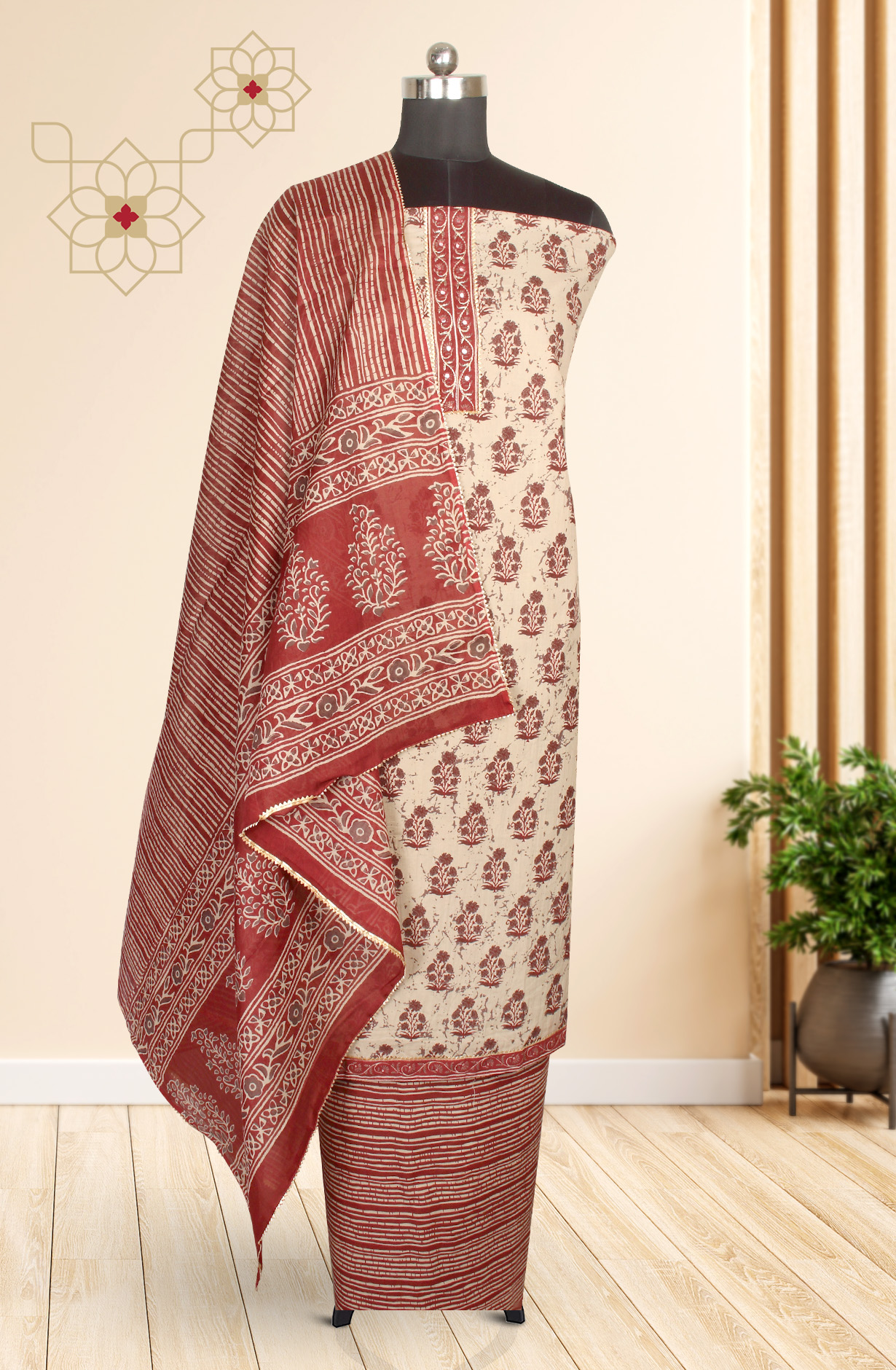Beige and Maroon Cotton Printed Salwar Suit-sets - 983-3599-86B