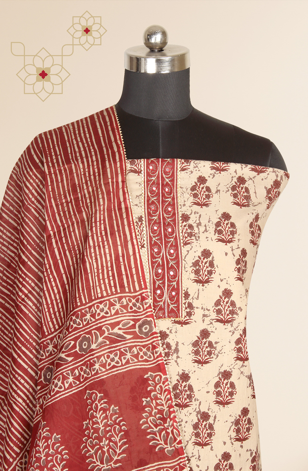 Beige and Maroon Cotton Printed Salwar Suit-sets - 983-3599-86B