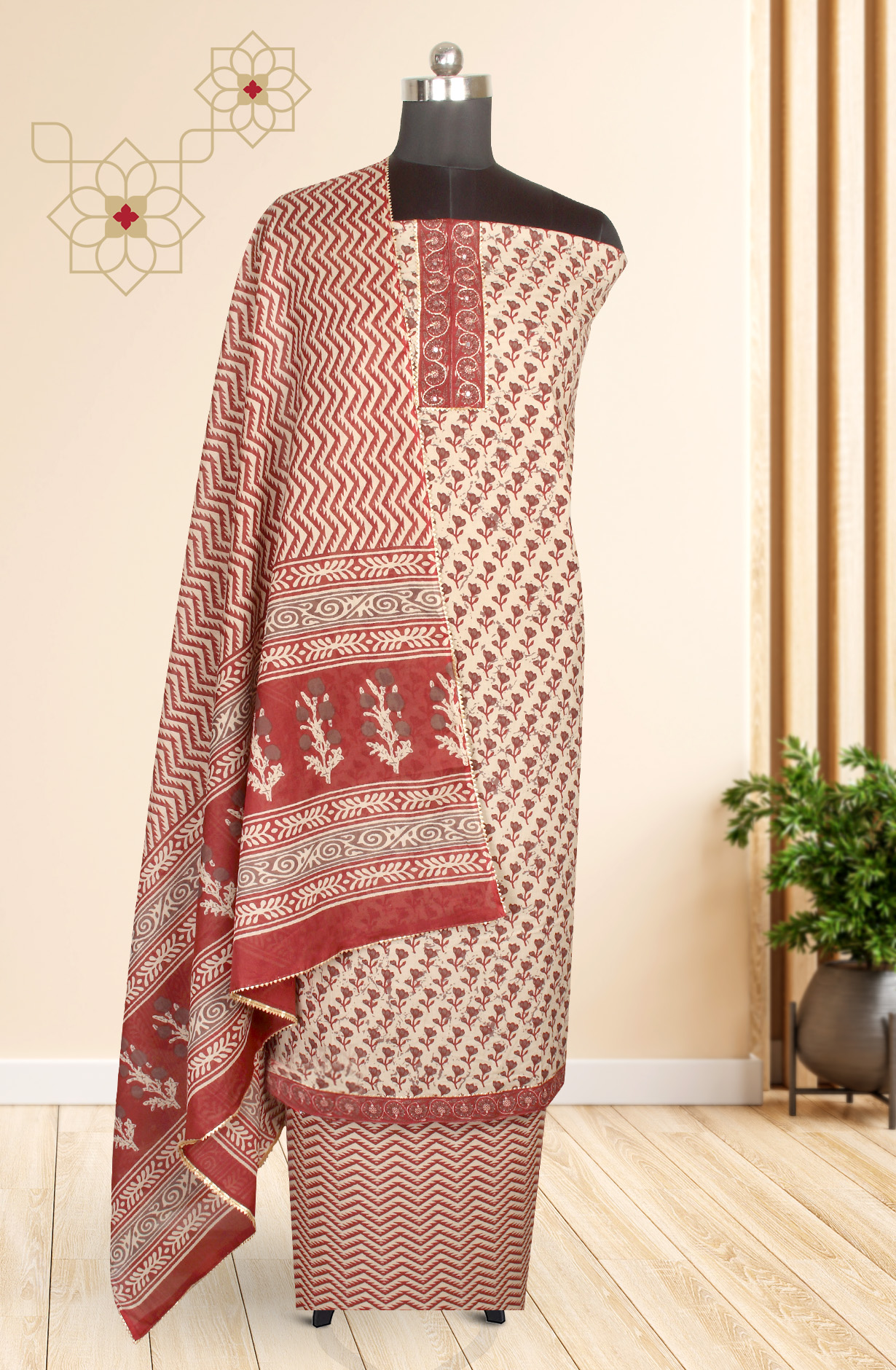 Beige and Maroon Cotton Printed Salwar Kameez - 983-3599-87B