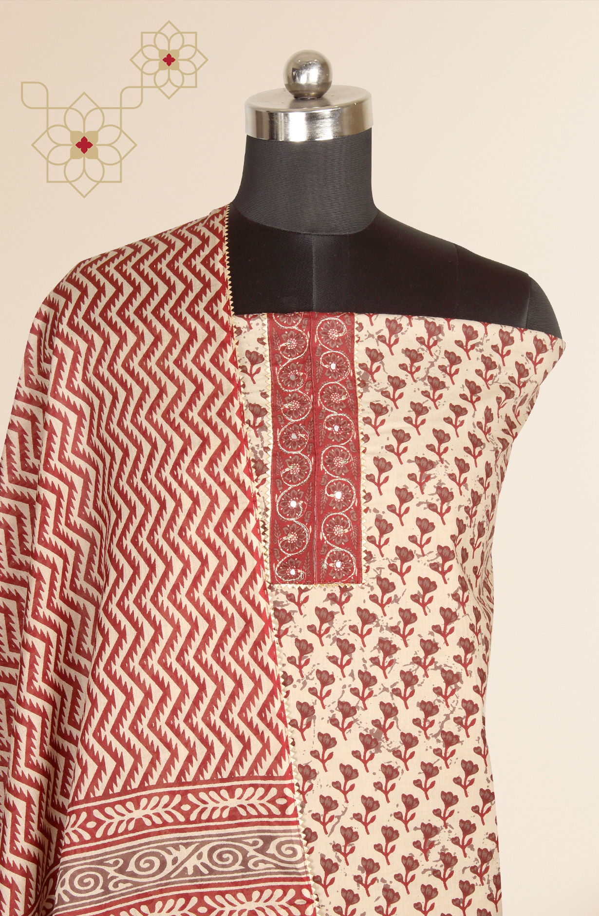 Beige and Maroon Cotton Printed Salwar Kameez - 983-3599-87B