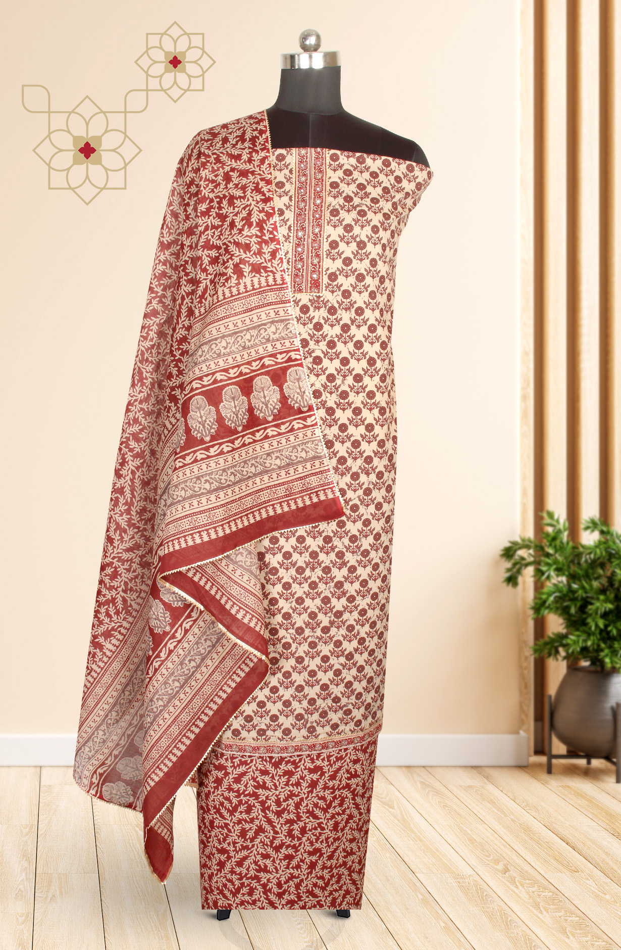 Beige and Maroon Cotton Print Salwar Suit - 983-3599-88B
