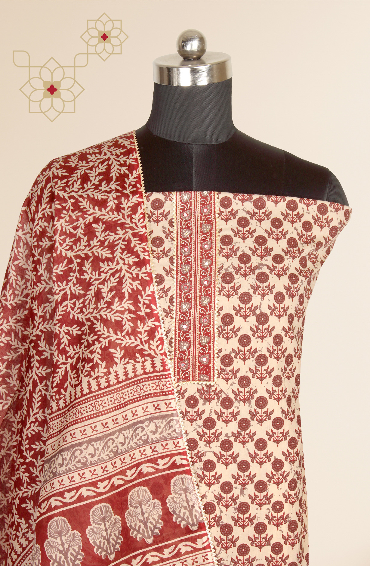 Beige and Maroon Cotton Print Salwar Suit - 983-3599-88B