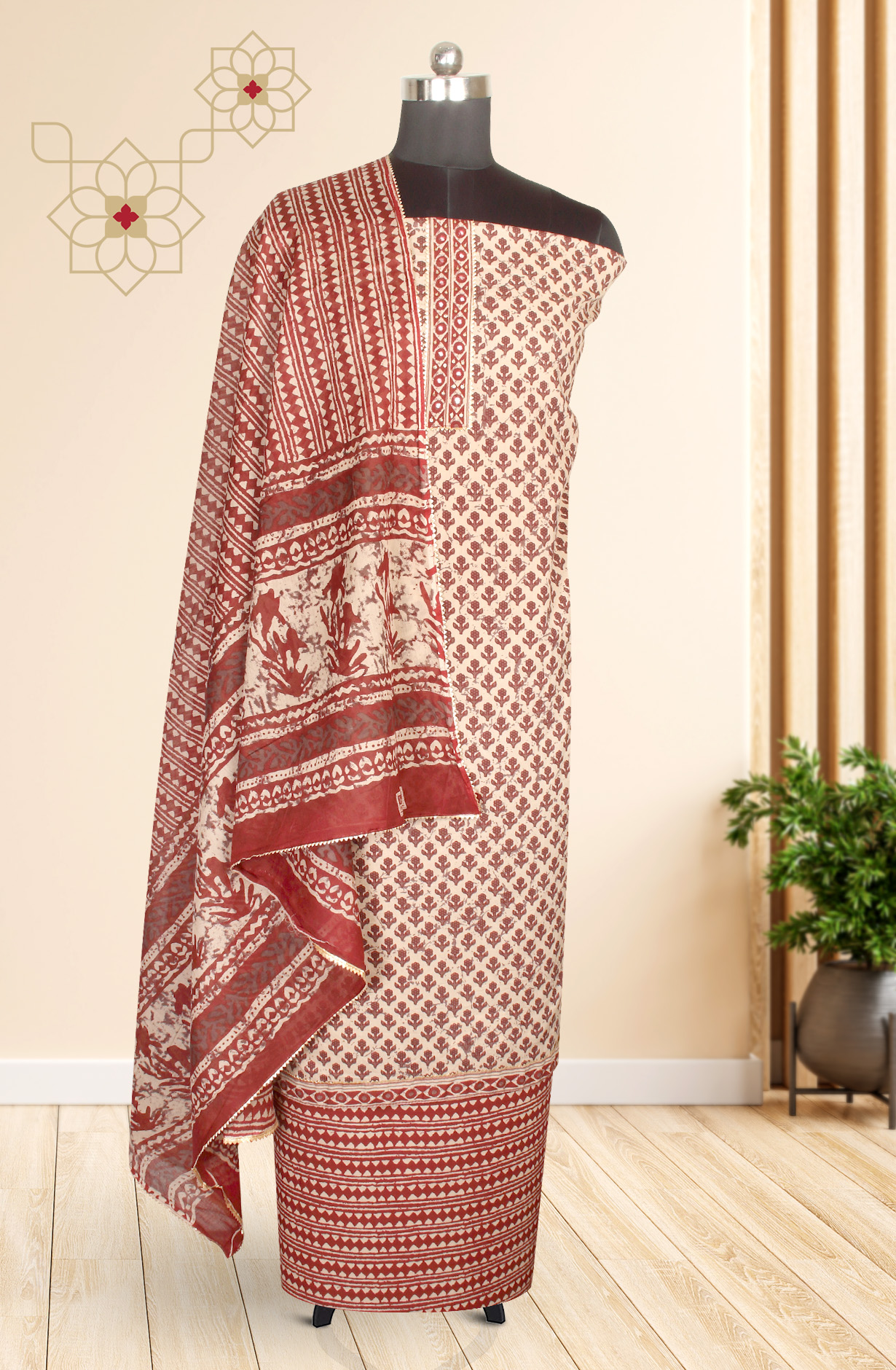 Beige and Maroon Cotton Print Salwar Kameez - 983-3599-89B