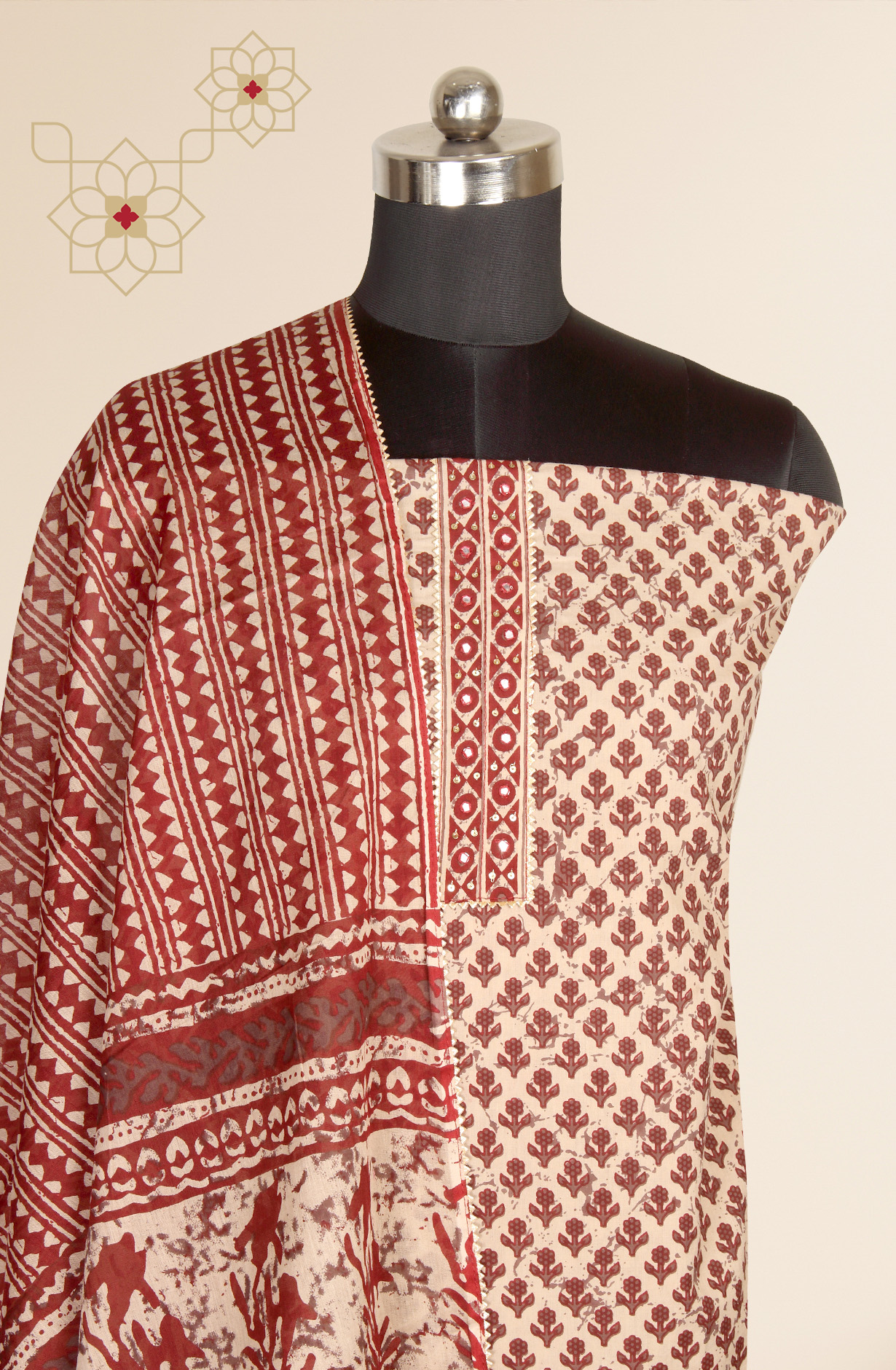 Beige and Maroon Cotton Print Salwar Kameez - 983-3599-89B