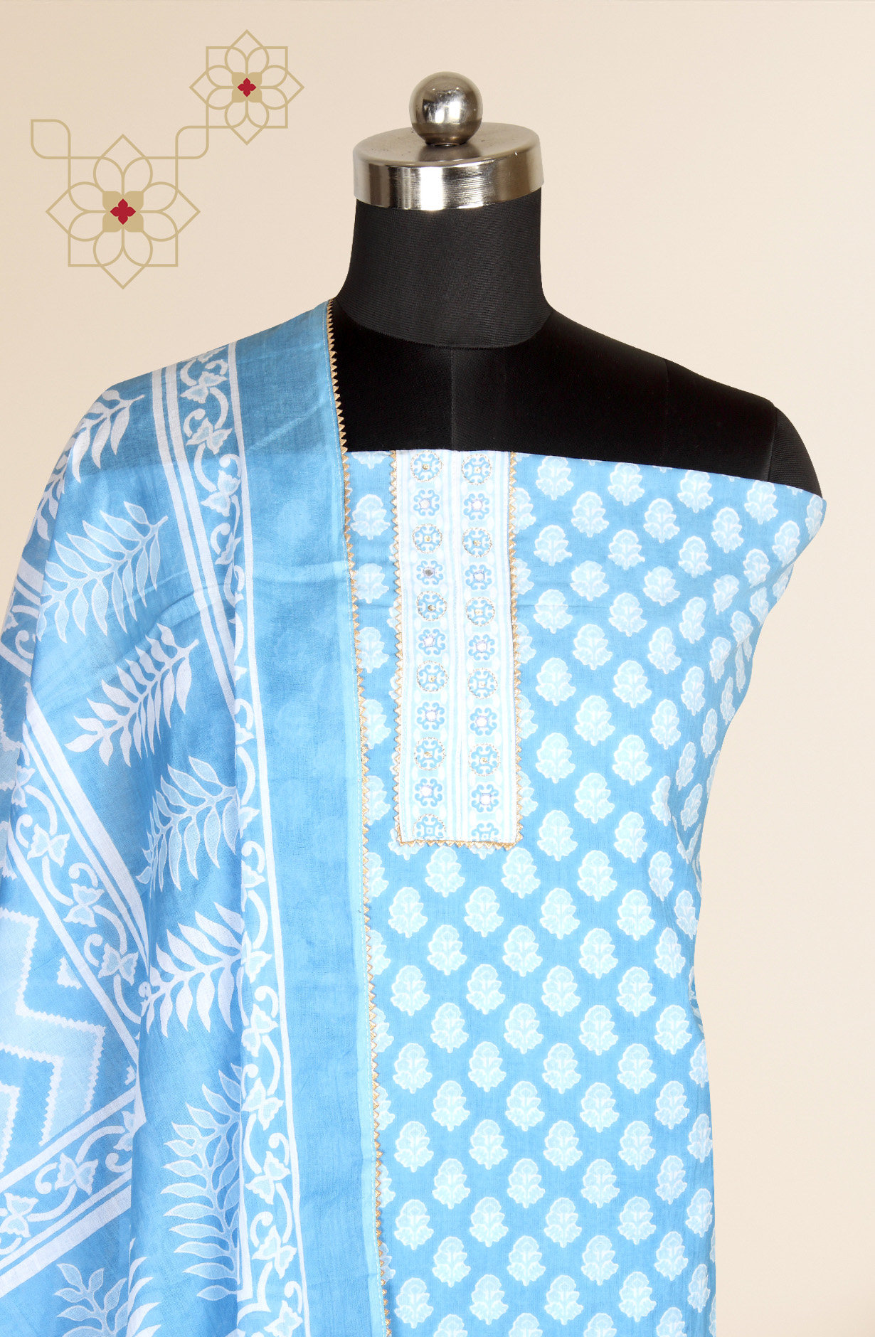 Pastel Blue Cotton Print Salwar Kameez - 983-3599-90A