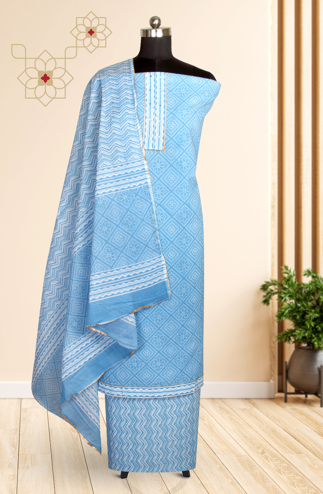 Pastel Blue Cotton Bandhej Print Salwar Suit with Dupatta - 983-3599-91A