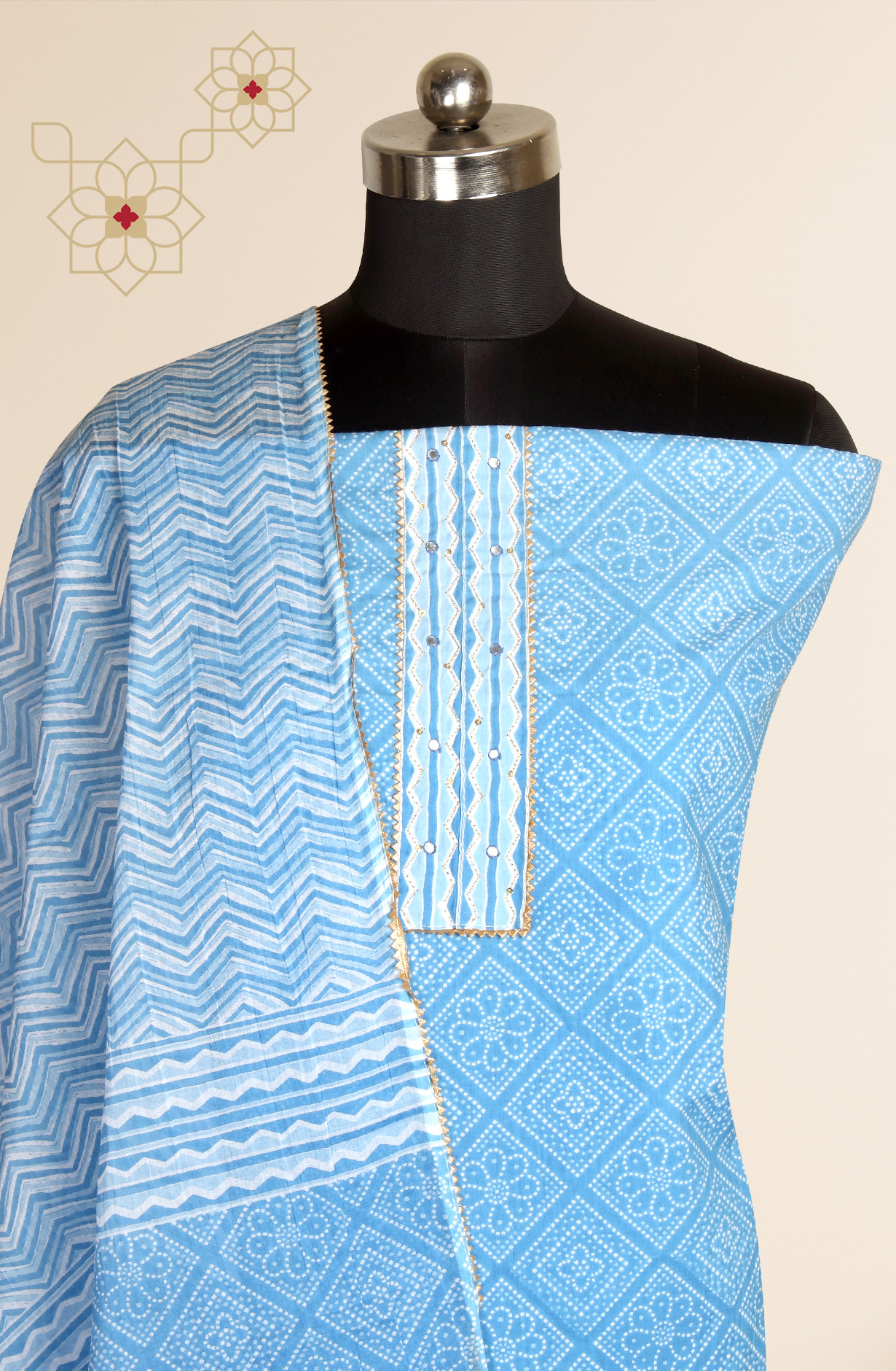 Pastel Blue Cotton Bandhej Print Salwar Suit with Dupatta - 983-3599-91A